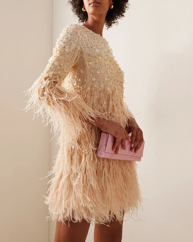 Champagne Feather Sequin Beaded Long Sleeve Mini Party Dress | Homecoming Dress HC043
