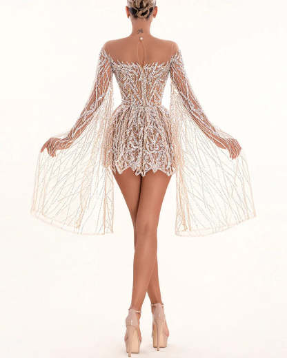 Champagne Crystal Embroidered Cape Sleeve Mini Party Dress | Homecoming Mini Dress