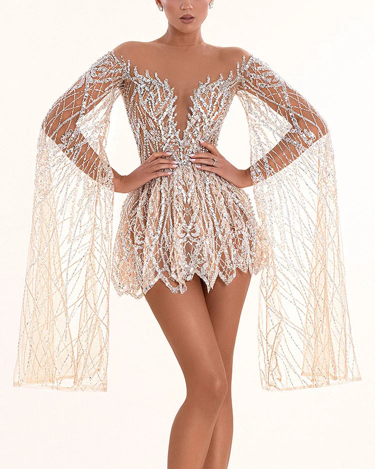 Champagne Crystal Embroidered Cape Sleeve Mini Party Dress | Homecoming Mini Dress
