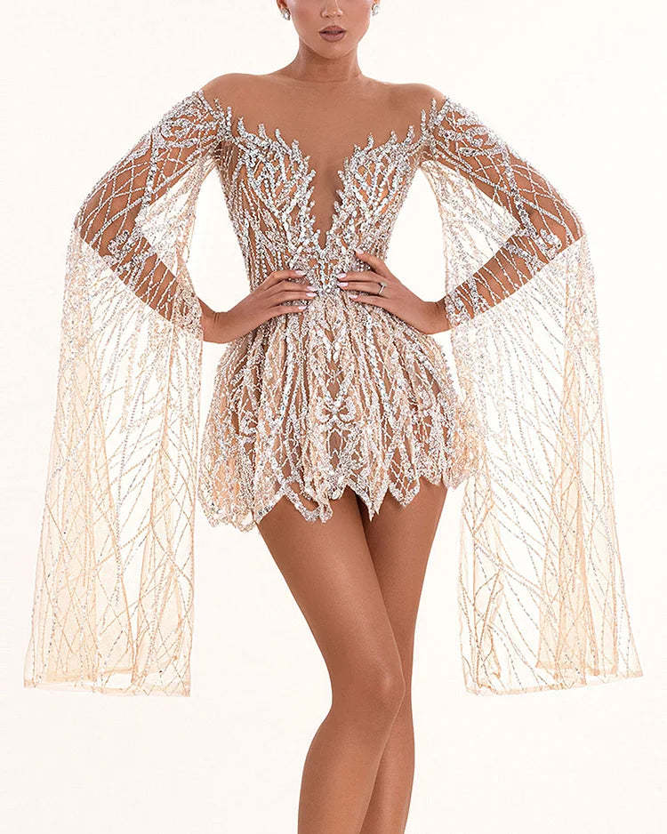 Champagne Crystal Embroidered Cape Sleeve Mini Party Dress | Homecoming Mini Dress