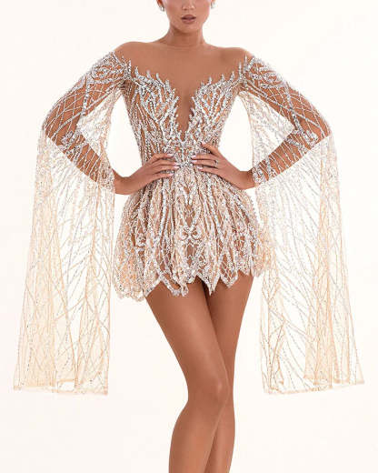 Champagne Crystal Embroidered Cape Sleeve Mini Party Dress | Homecoming Mini Dress