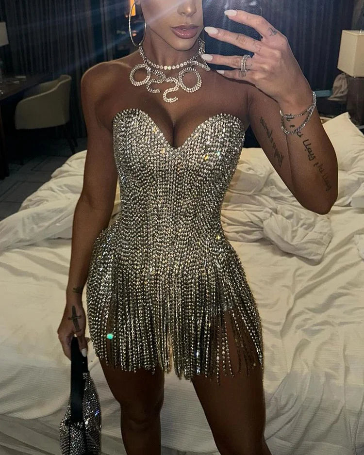 Rhinestone Fringe Strapless Mini Party Dress | Homecoming Mini Dress