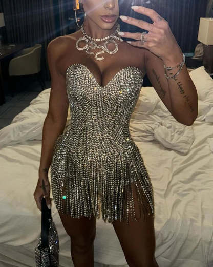 Rhinestone Fringe Strapless Mini Party Dress | Homecoming Mini Dress