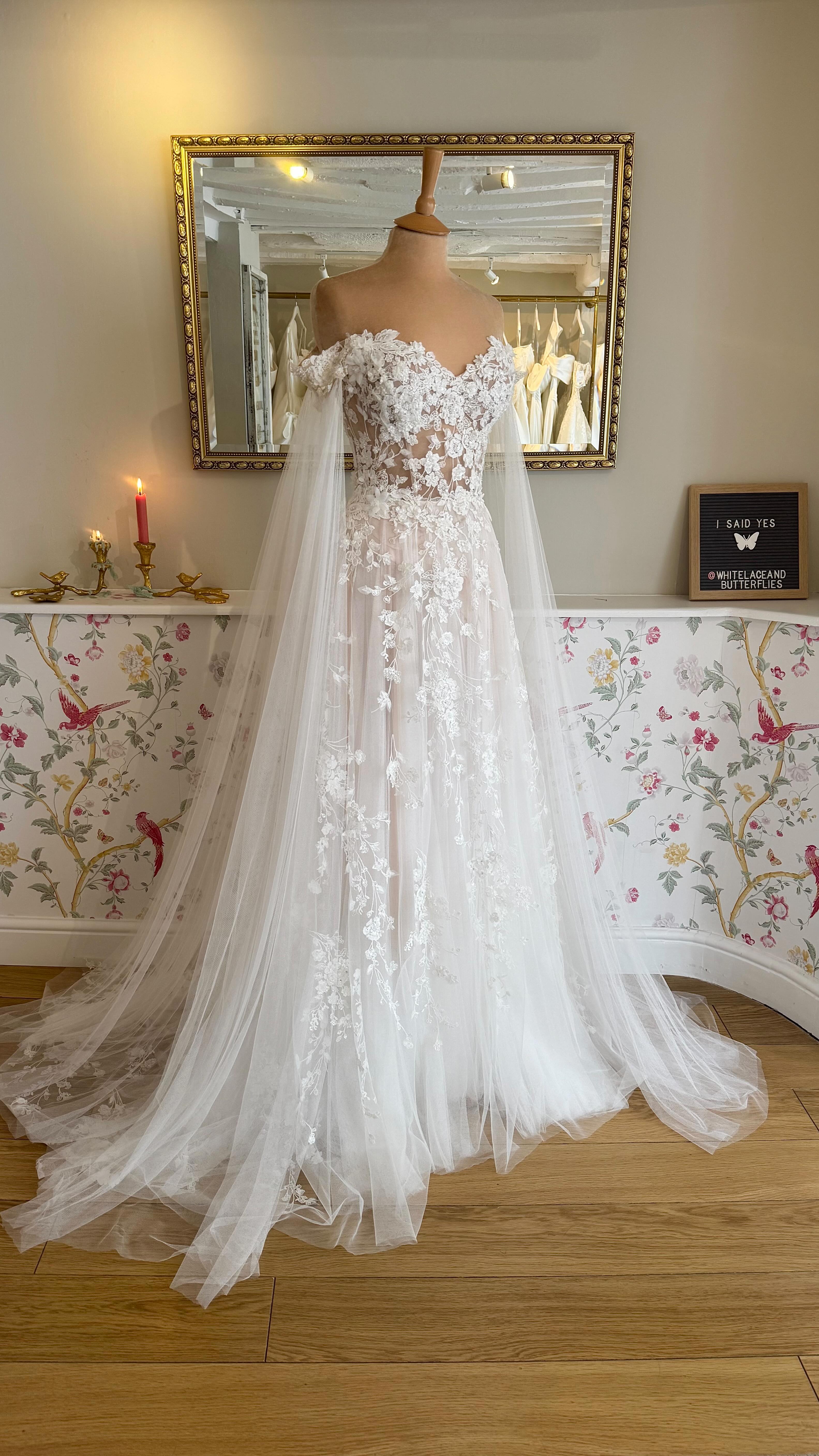 White Off-Shoulder 3D Floral Lace Tulle A-Line Wedding Dress with Cape Sleeves and Sheer Bodice