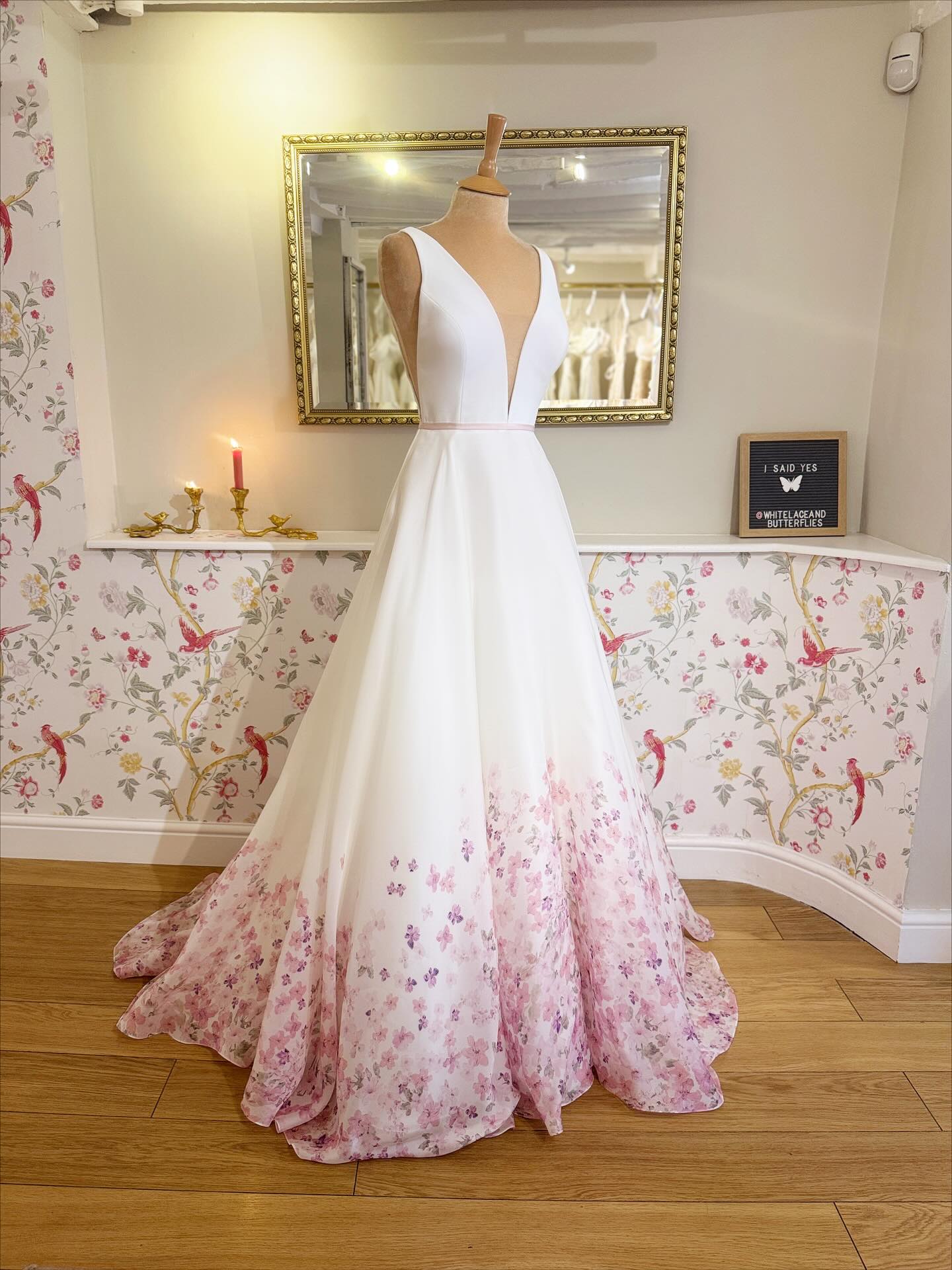 White Deep V-Neck Cherry Blossom Ombre Floral Print A-Line Wedding Dress with Cathedral Train