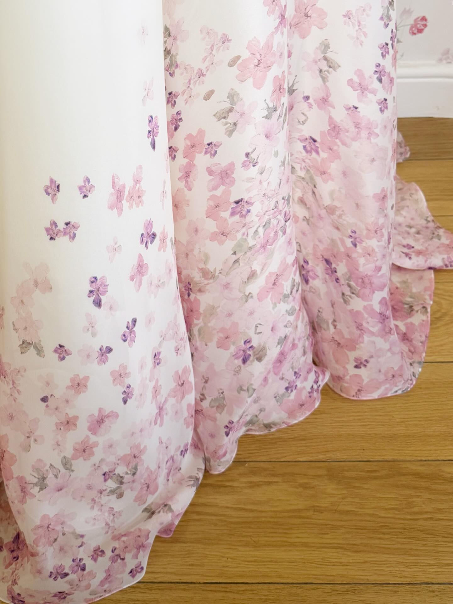 White Deep V-Neck Cherry Blossom Ombre Floral Print A-Line Wedding Dress with Cathedral Train