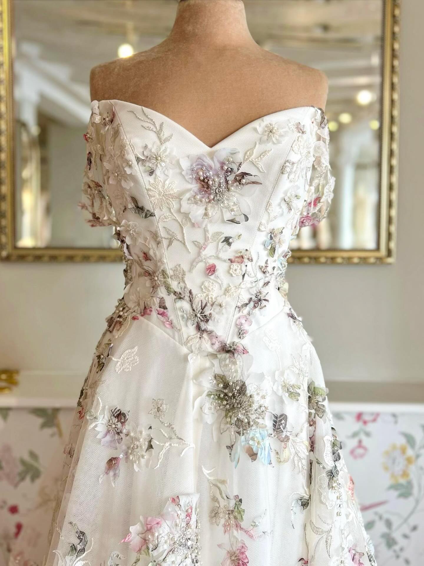 White Off-Shoulder Sweetheart Colorful 3D Floral Embroidered Pearl Beaded A-Line Wedding Dress with Cathedral Train