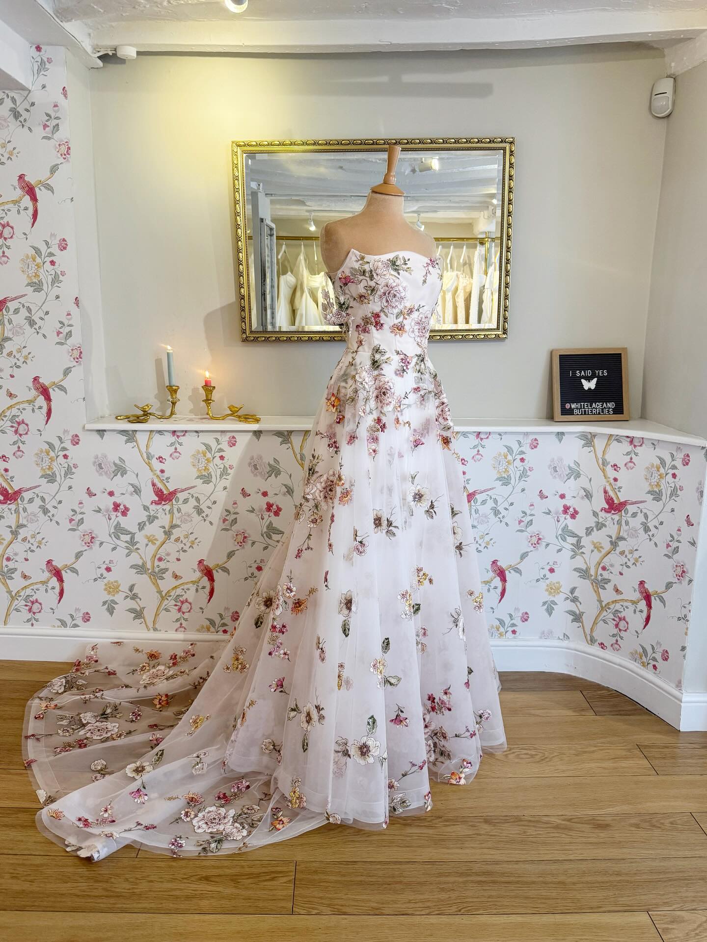White Off-Shoulder Puff Sleeve Colorful Botanical Floral Embroidered A-Line Wedding Dress with Cathedral Train