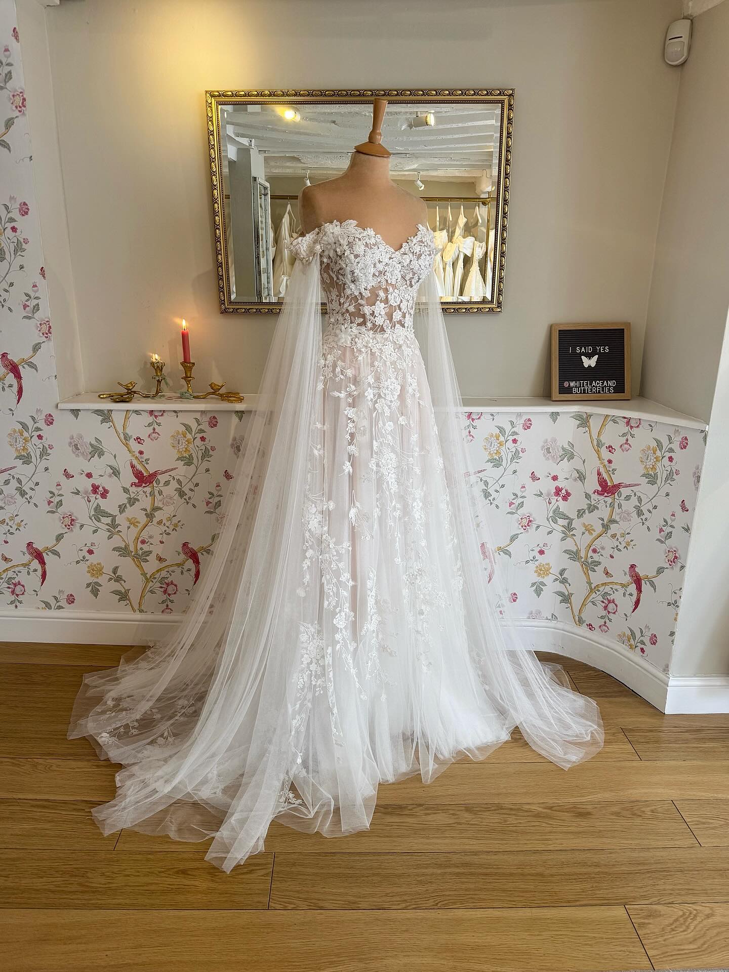 White Off-Shoulder Sweetheart 3D Floral Lace Pearl Beaded Sheer Tulle A-Line Wedding Dress with Cape Sleeves and Cathedral Train