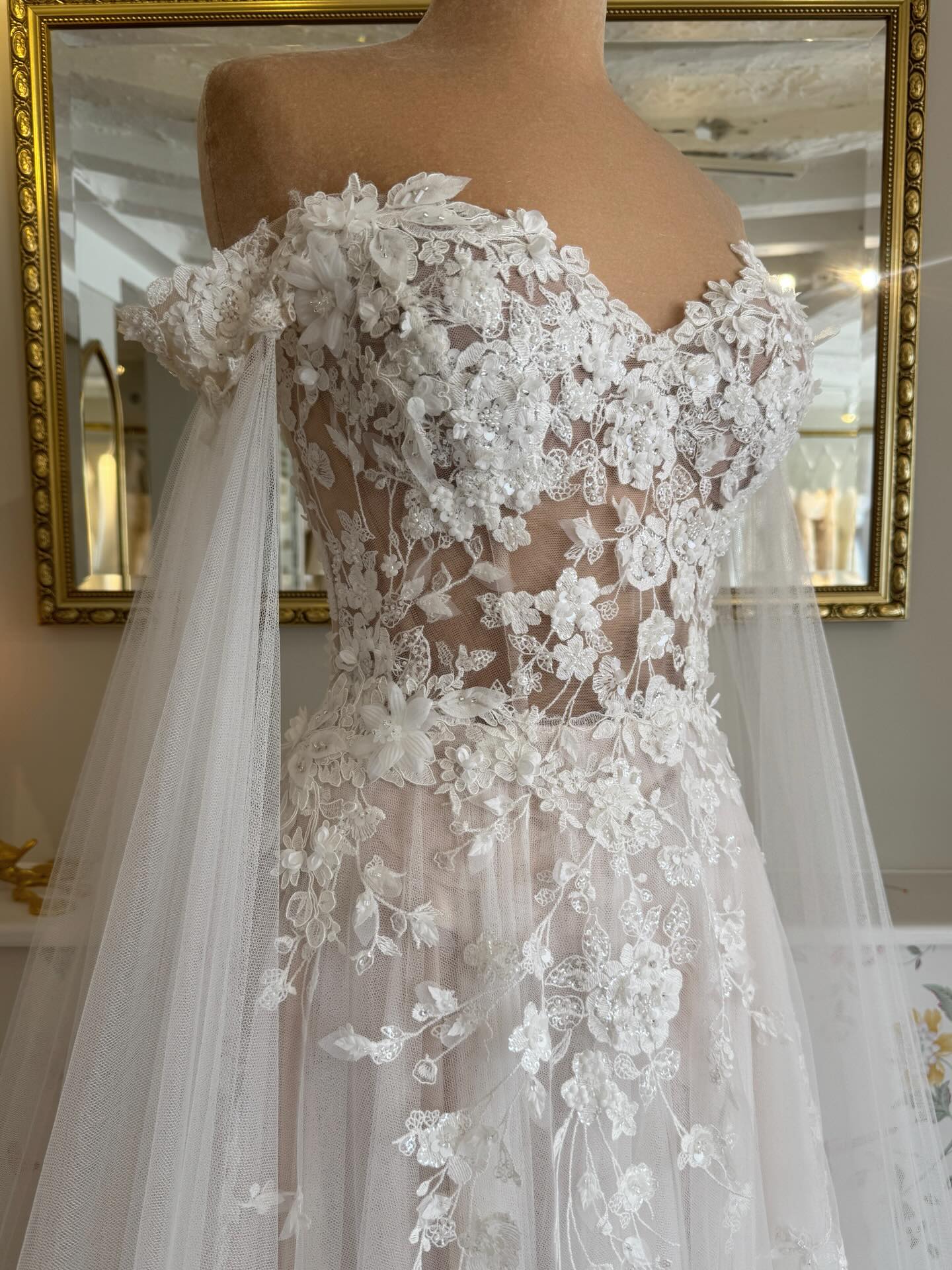 White Off-Shoulder Sweetheart 3D Floral Lace Pearl Beaded Sheer Tulle A-Line Wedding Dress with Cape Sleeves and Cathedral Train
