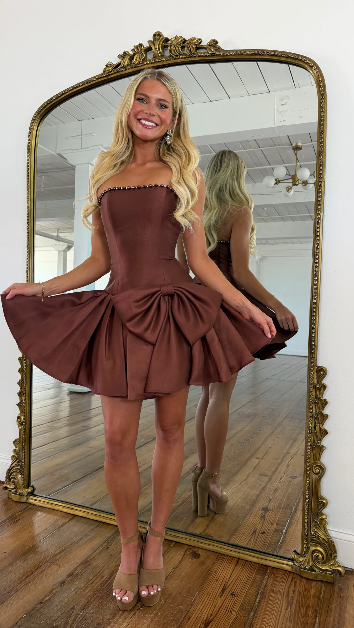 Chocolate brown strapless crystal trim oversized bow bubble skirt homecoming dress - front view