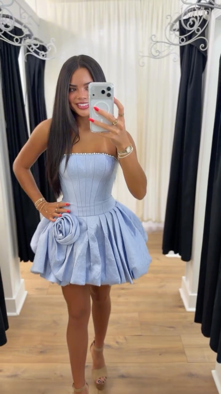 Baby blue strapless crystal trim boned corset 3D rose pleated bubble skirt homecoming dress - front view