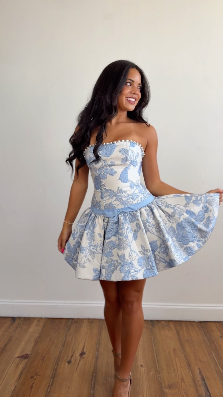 Blue Floral Jacquard Pearl Trim Bubble Mini Homecoming Dress HC197 - Front View