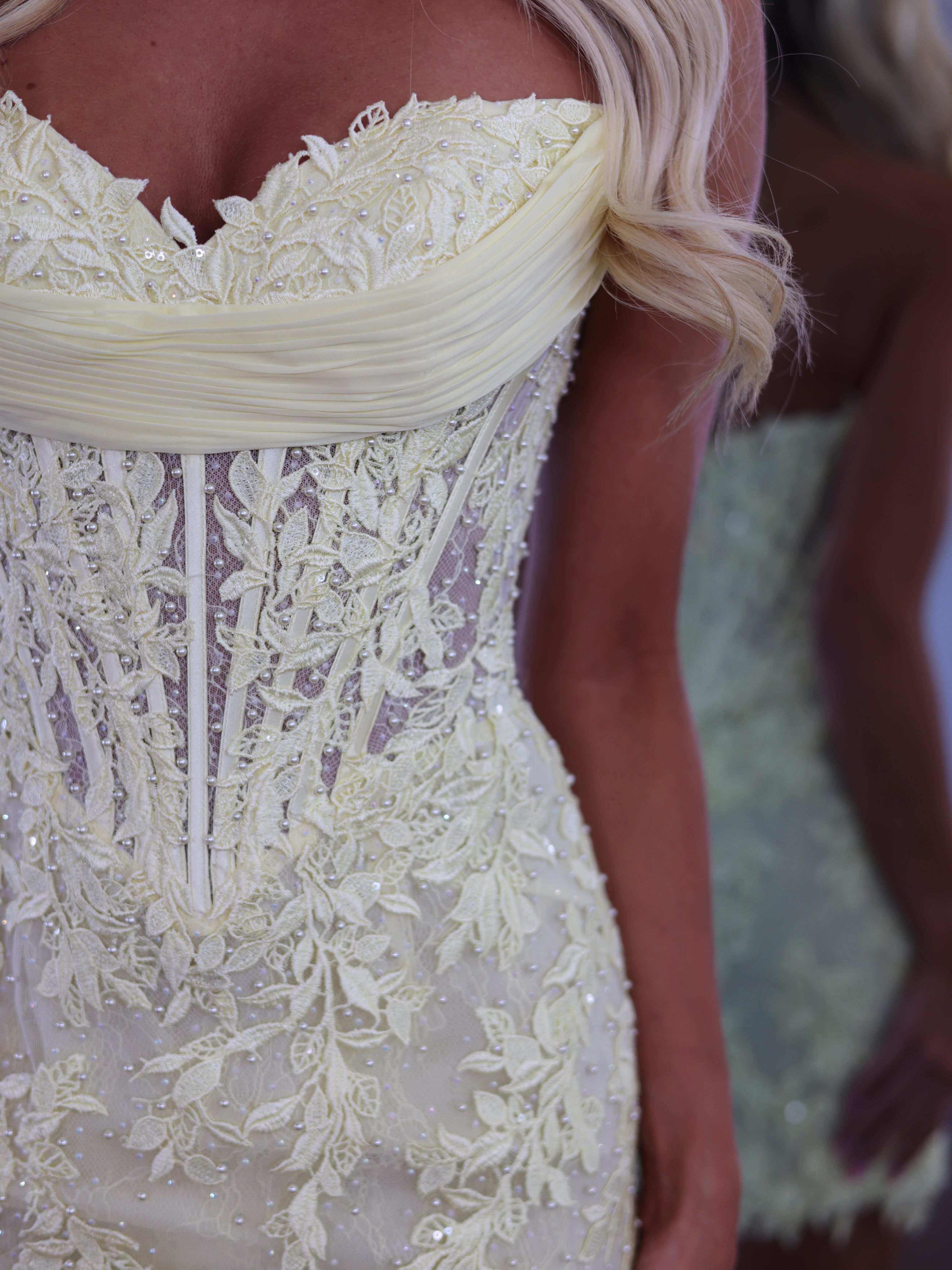 Yellow Lace Floral Corset Homecoming Dress - Fabric Detail
