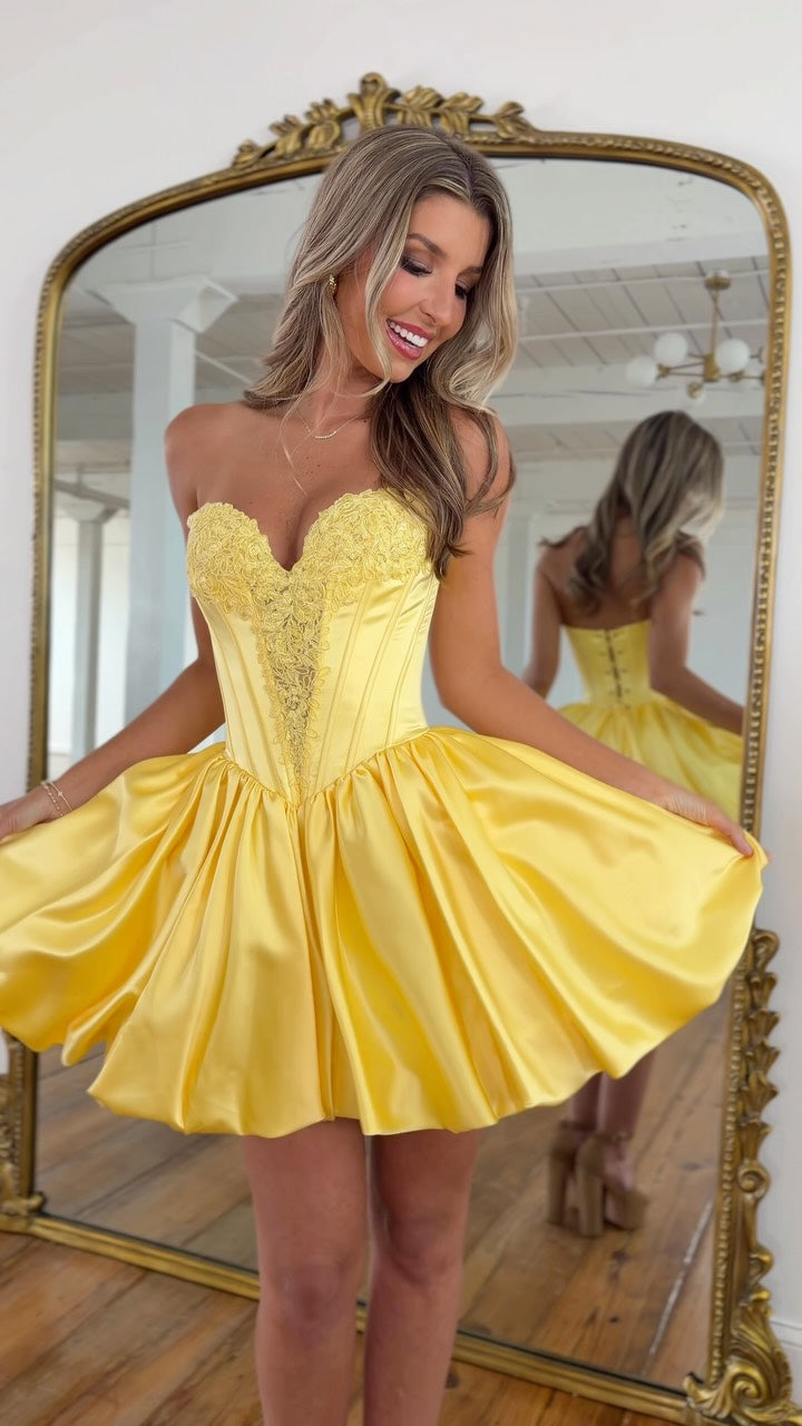 Yellow strapless sweetheart corset homecoming dress - front view