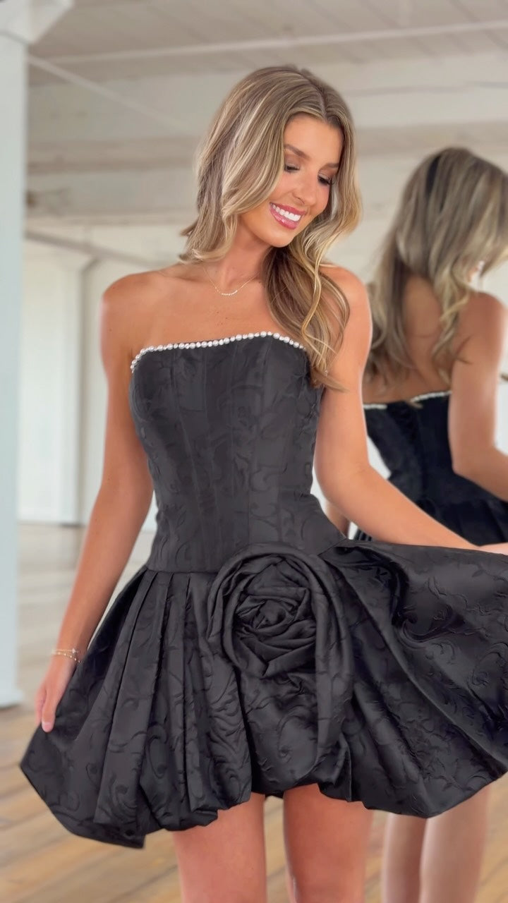 Black pearl trim strapless bubble skirt homecoming dress with 3D rose - front view