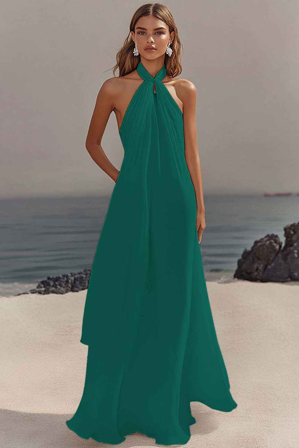 Flowy Sky Blue Chiffon A Line Halter Backless Long Prom Dress-LLELLA