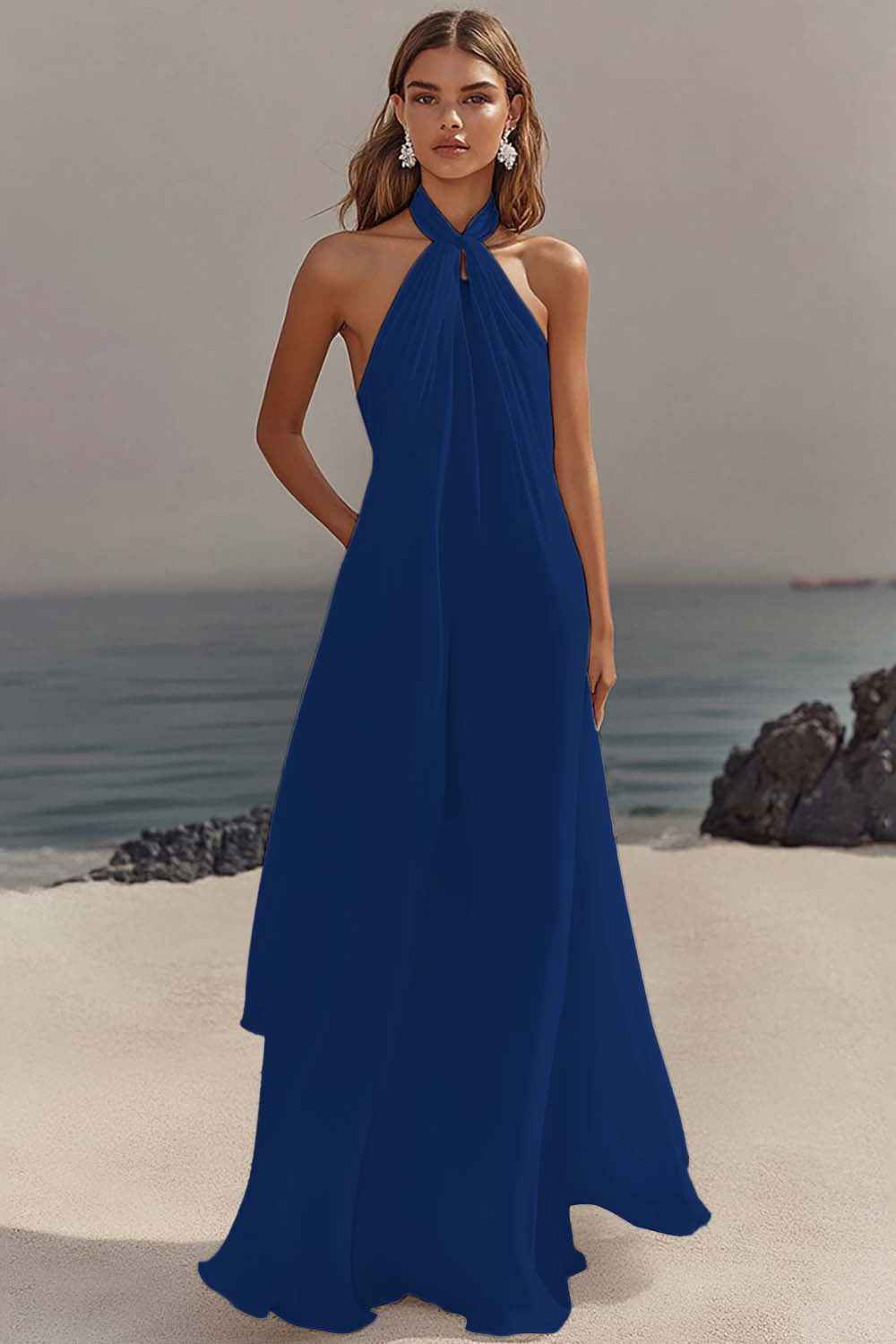 Flowy Sky Blue Chiffon A Line Halter Backless Long Prom Dress-LLELLA