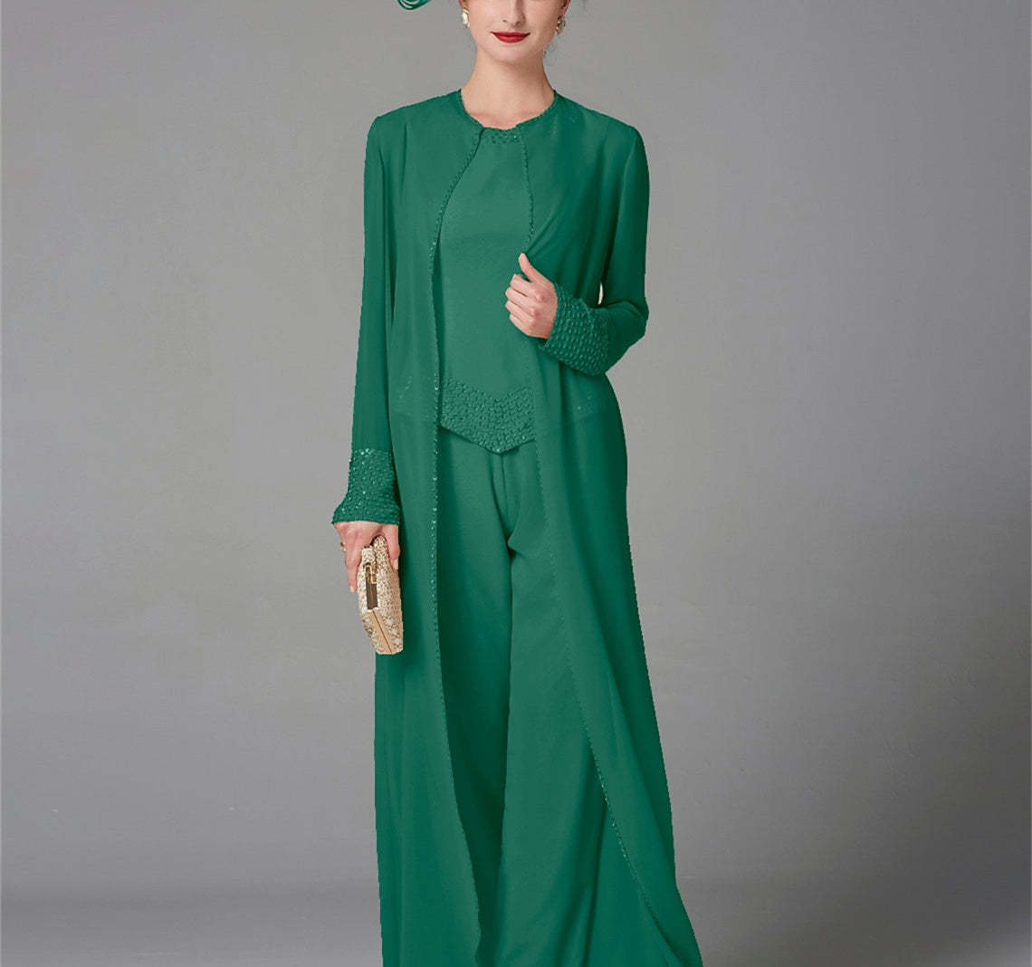 Long-Sleeve Chiffon Mother of the Bride Pantsuit with Jacket and Sequins-LLELLA