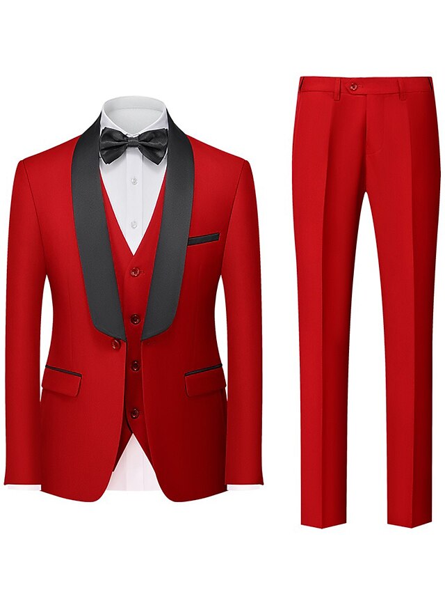 Men's Tailored Fit Single Breasted One-button 3 Pieces Wedding Suits Red