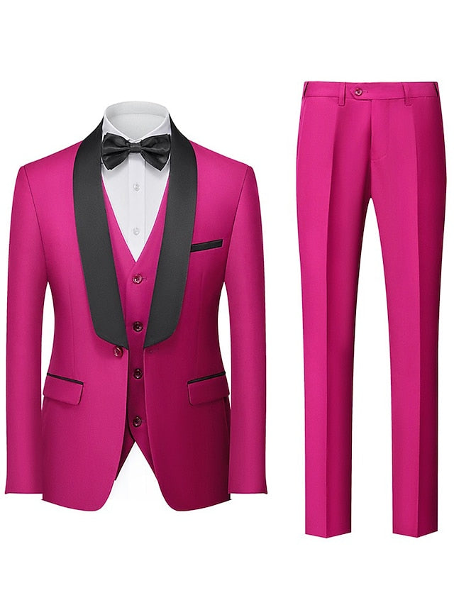 Men's Tailored Fit Single Breasted One-button 3 Pieces Wedding Suits Fuchsia