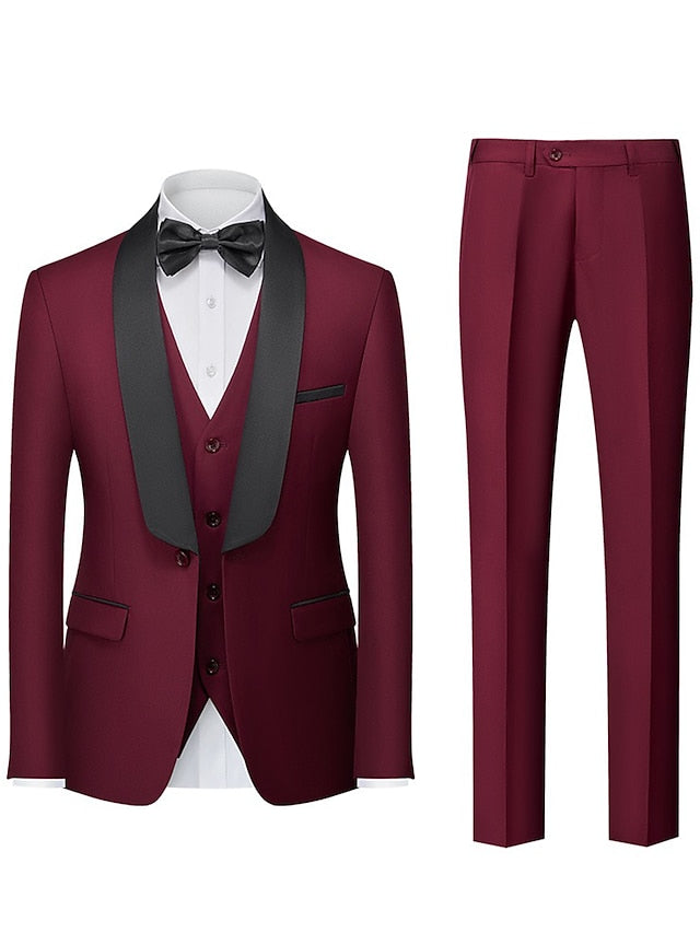 Men's Tailored Fit Single Breasted One-button 3 Pieces Wedding Suits Burgundy
