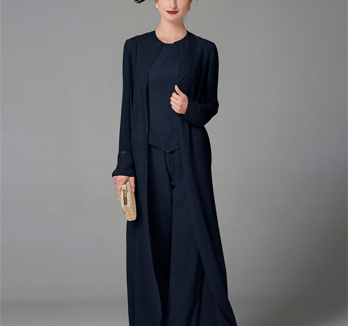 Long-Sleeve Chiffon Mother of the Bride Pantsuit with Jacket and Sequins-LLELLA