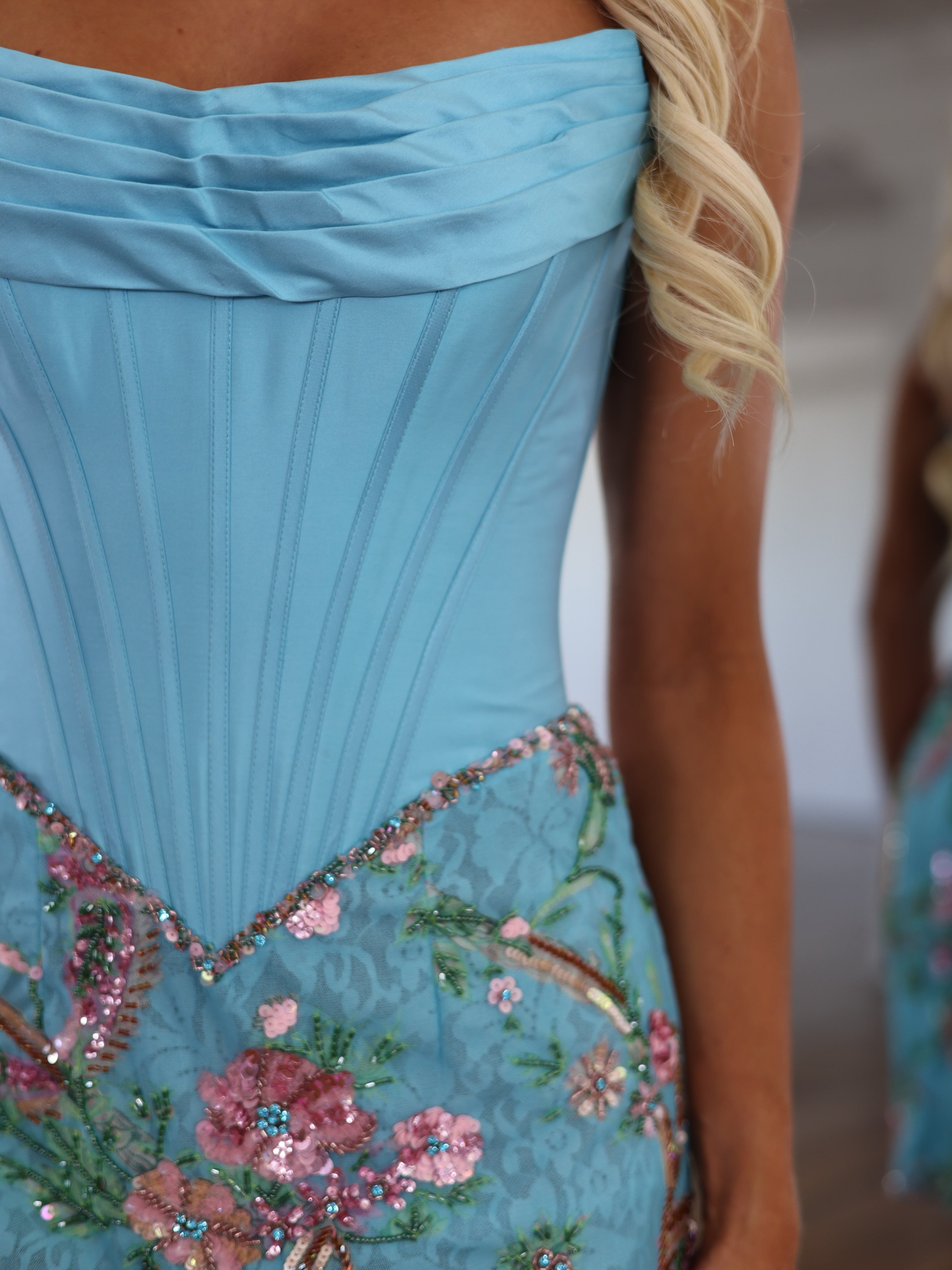 Blue strapless floral sequin homecoming dress - alternate view