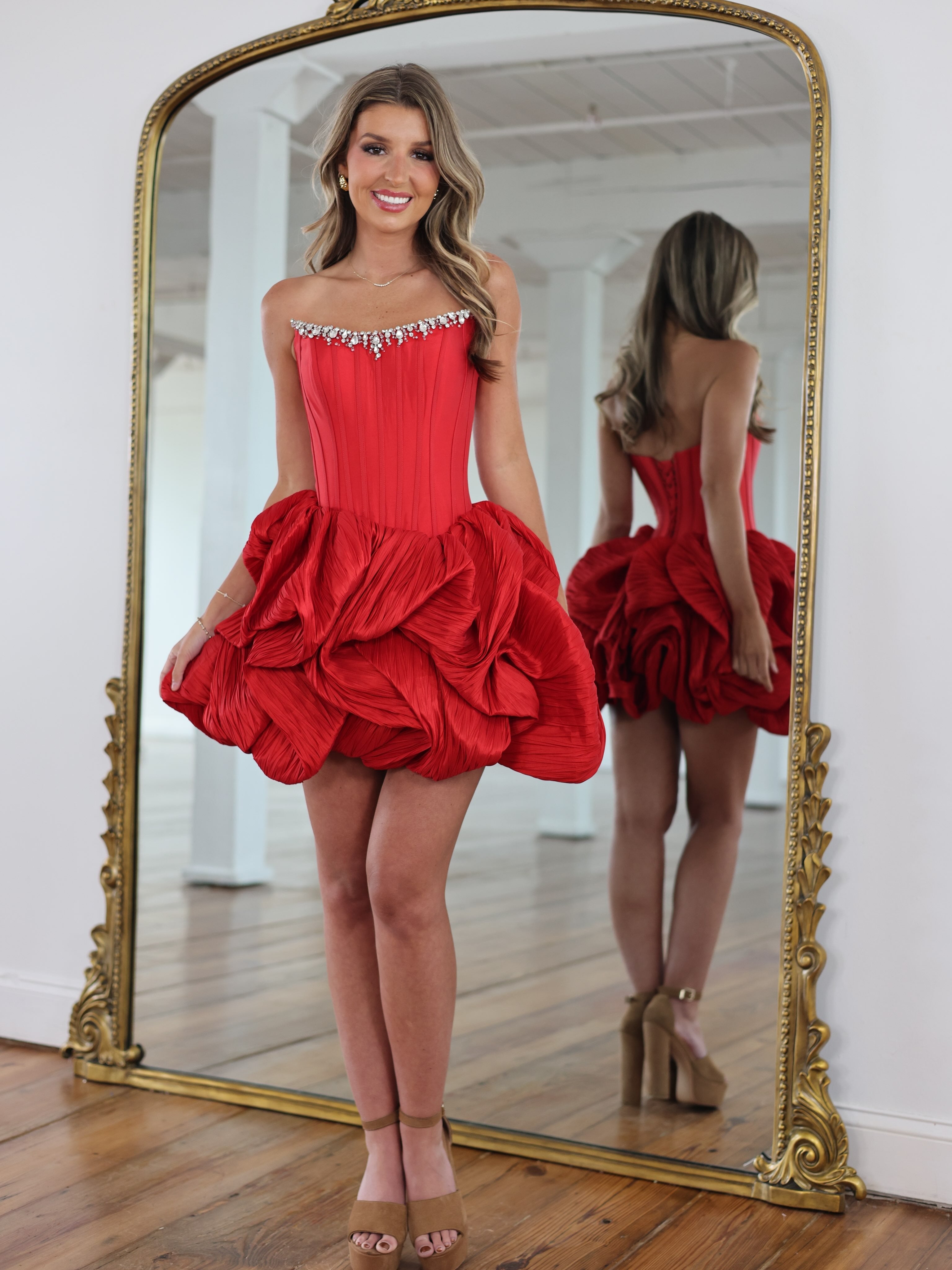 Red strapless crystal neckline bubble skirt homecoming dress - back view