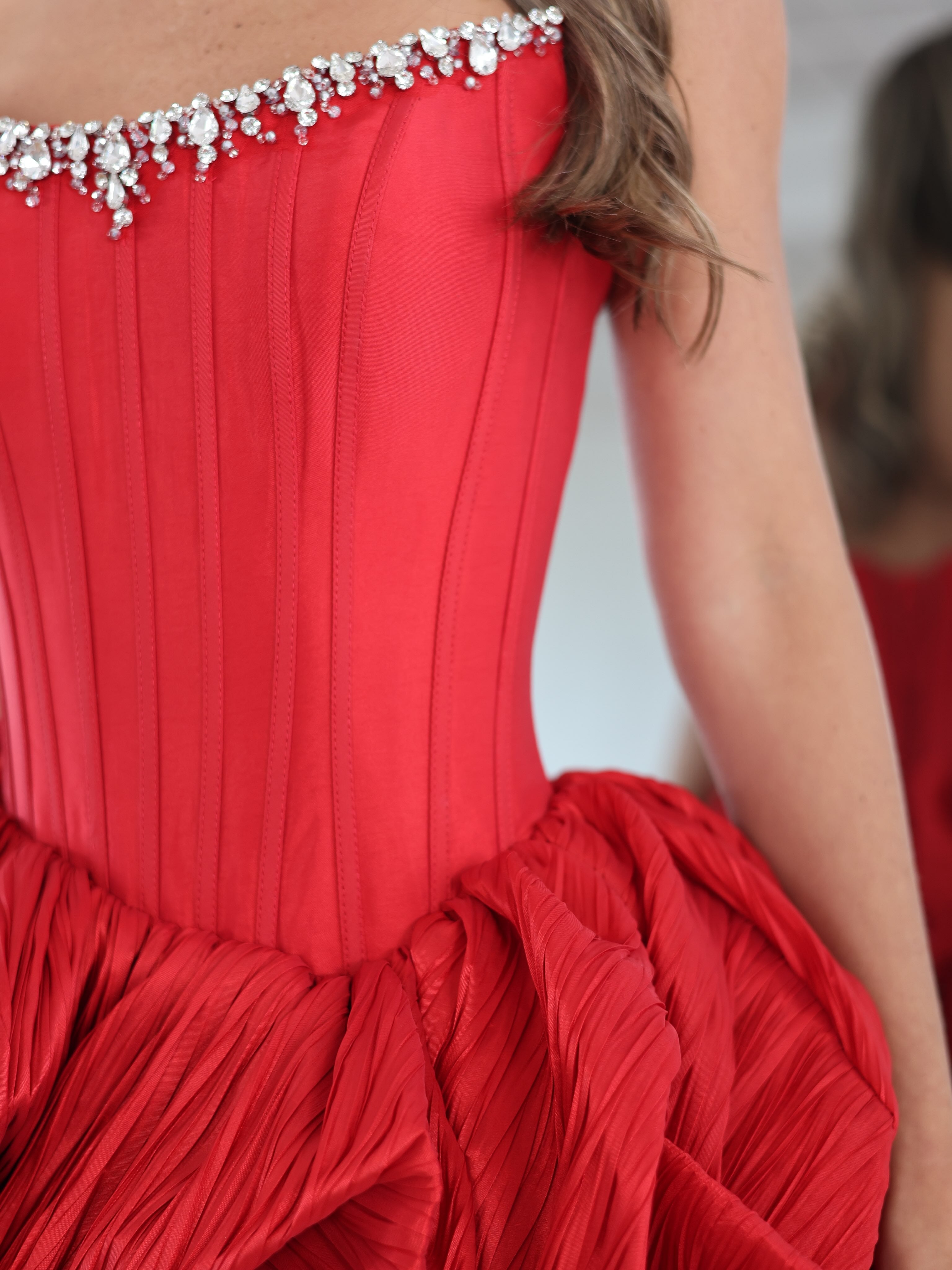 Red strapless crystal neckline bubble skirt homecoming dress - neckline detail