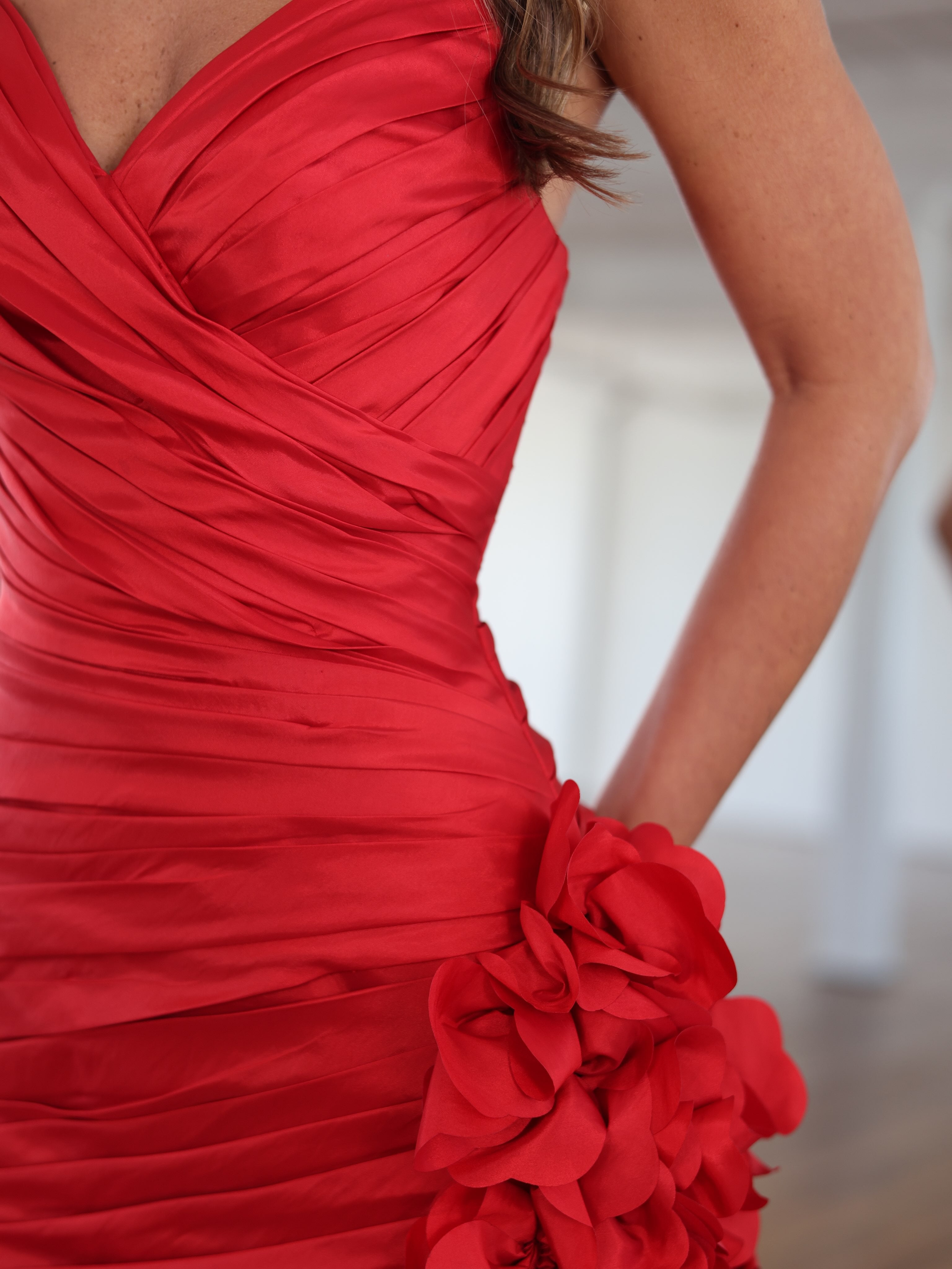 HC213 Red Strapless 3D Floral Homecoming Dress - Petal Hem Close-up