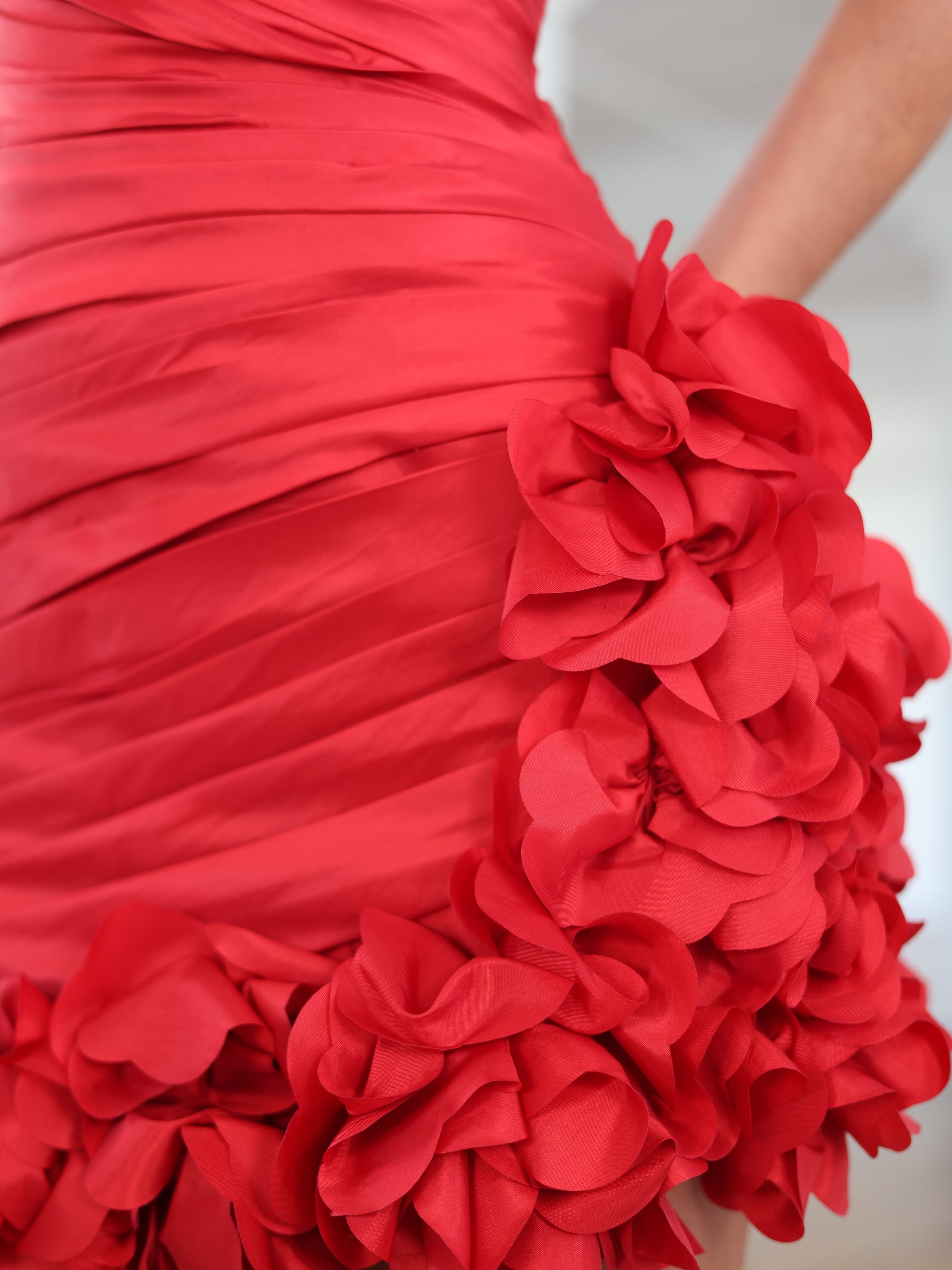 HC213 Red Strapless 3D Floral Homecoming Dress - Texture Detail