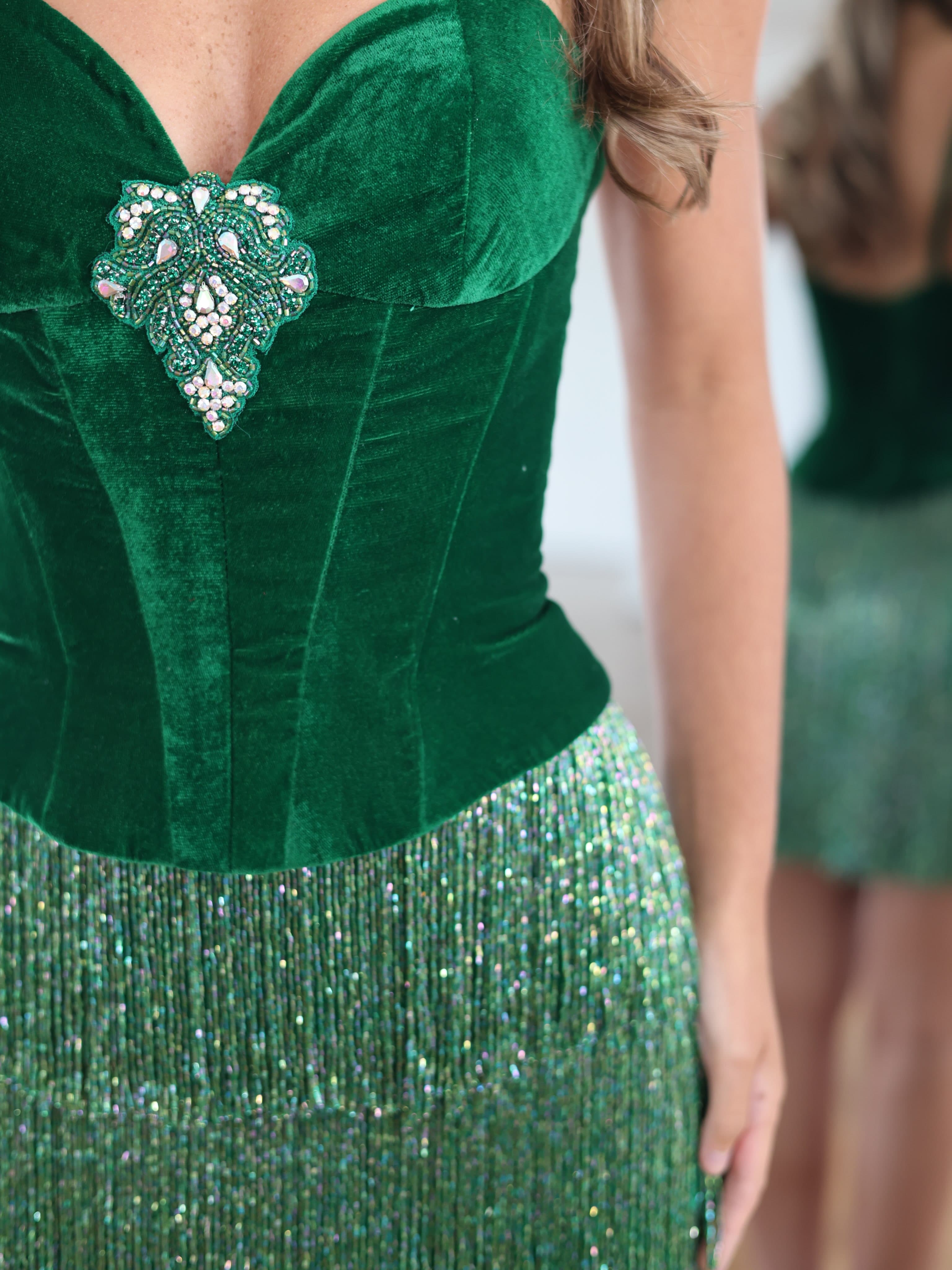 HC221 Emerald Green Velvet Corset Fringe Sequin Mini Homecoming Dress - Crystal Brooch Detail