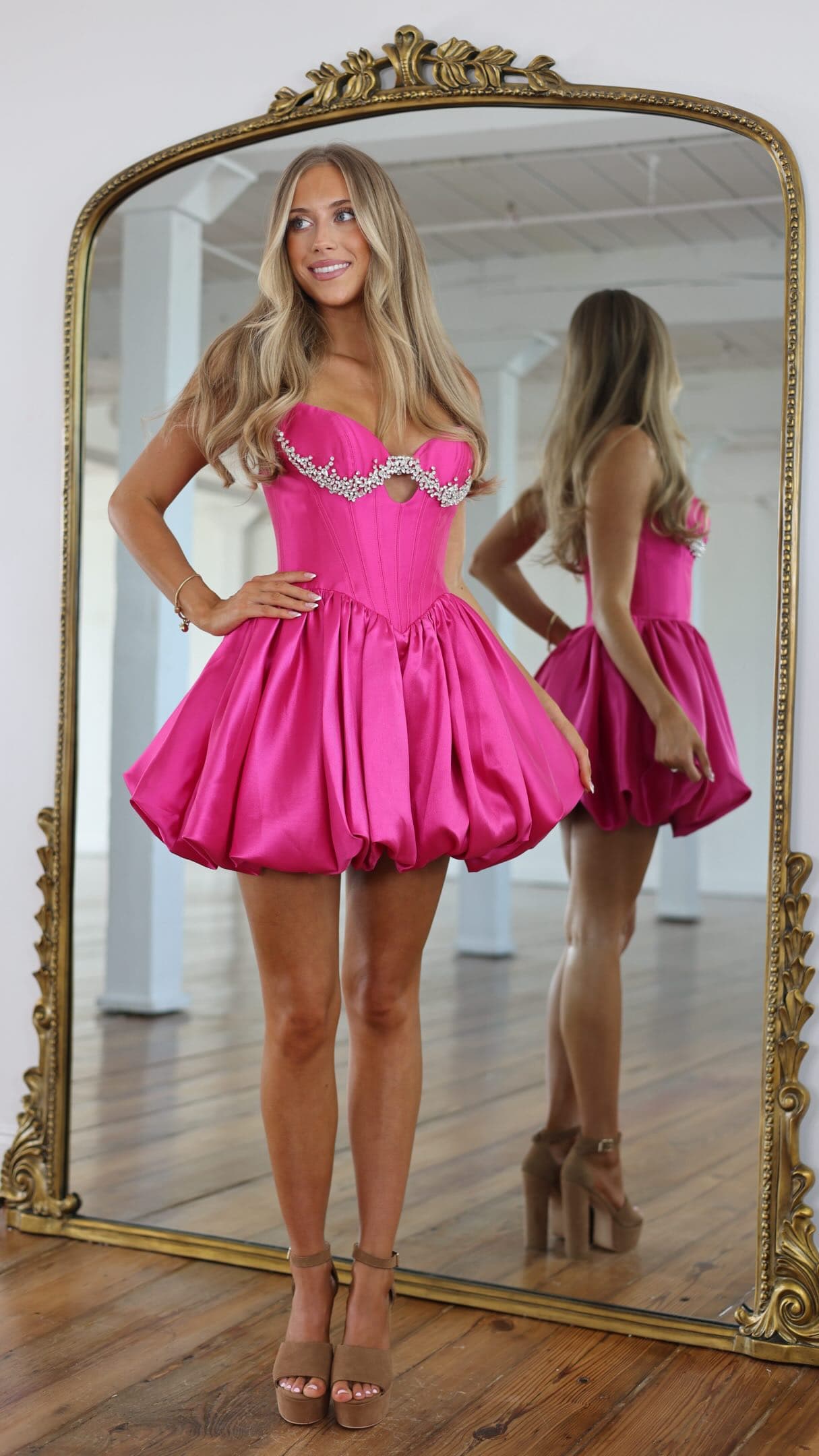 HC217 Hot Pink Satin Bubble Skirt Corset Strapless Homecoming Dress - Front View
