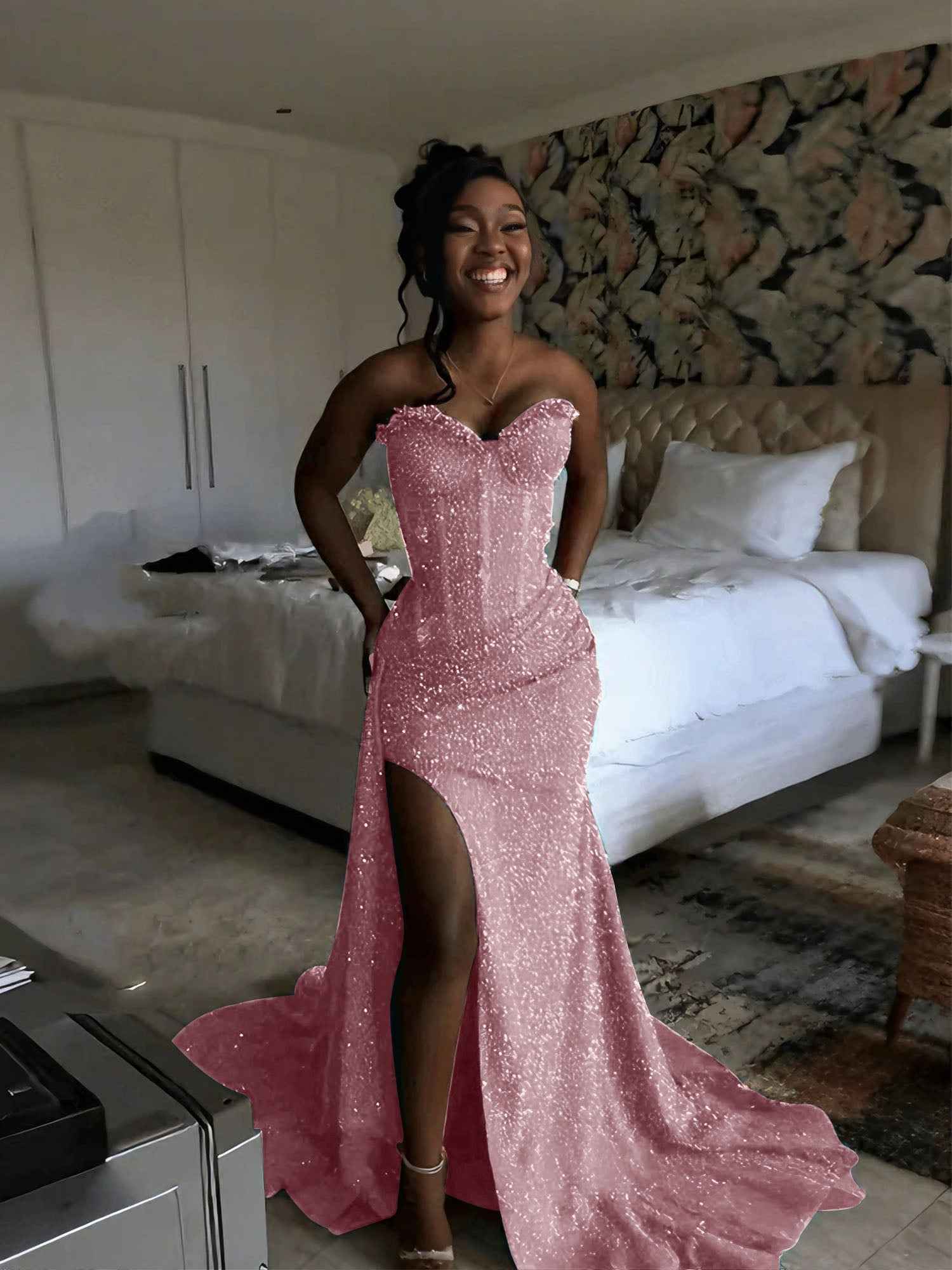 Glitter Strapless Mermaid Sequined Long Prom Dress with Slit-LLELLA