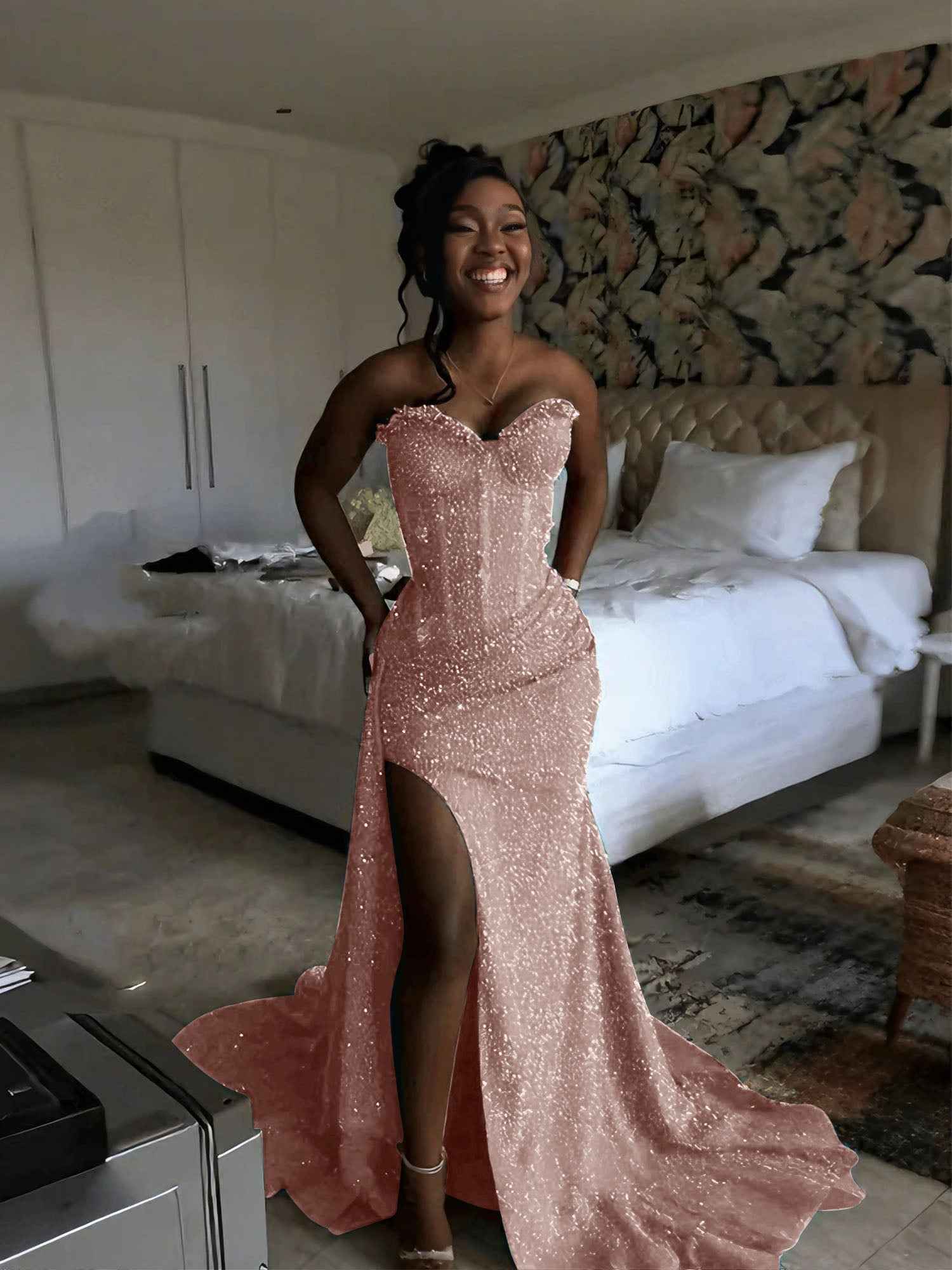 Glitter Strapless Mermaid Sequined Long Prom Dress with Slit-LLELLA