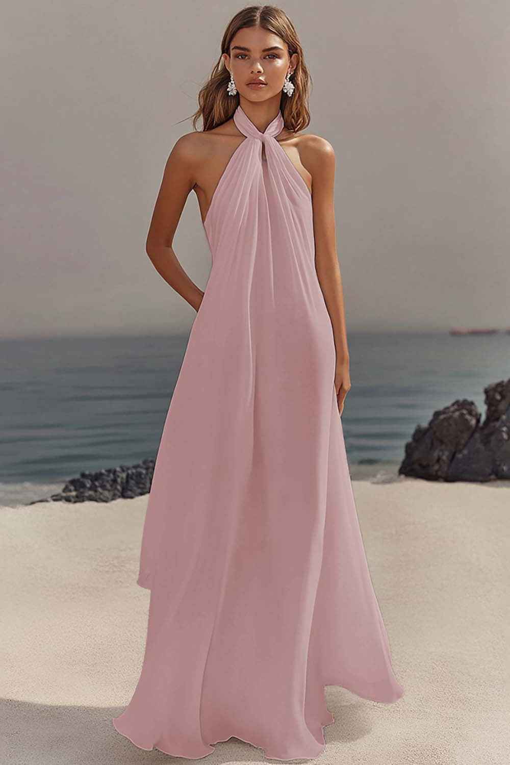 Flowy Sky Blue Chiffon A Line Halter Backless Long Prom Dress-LLELLA