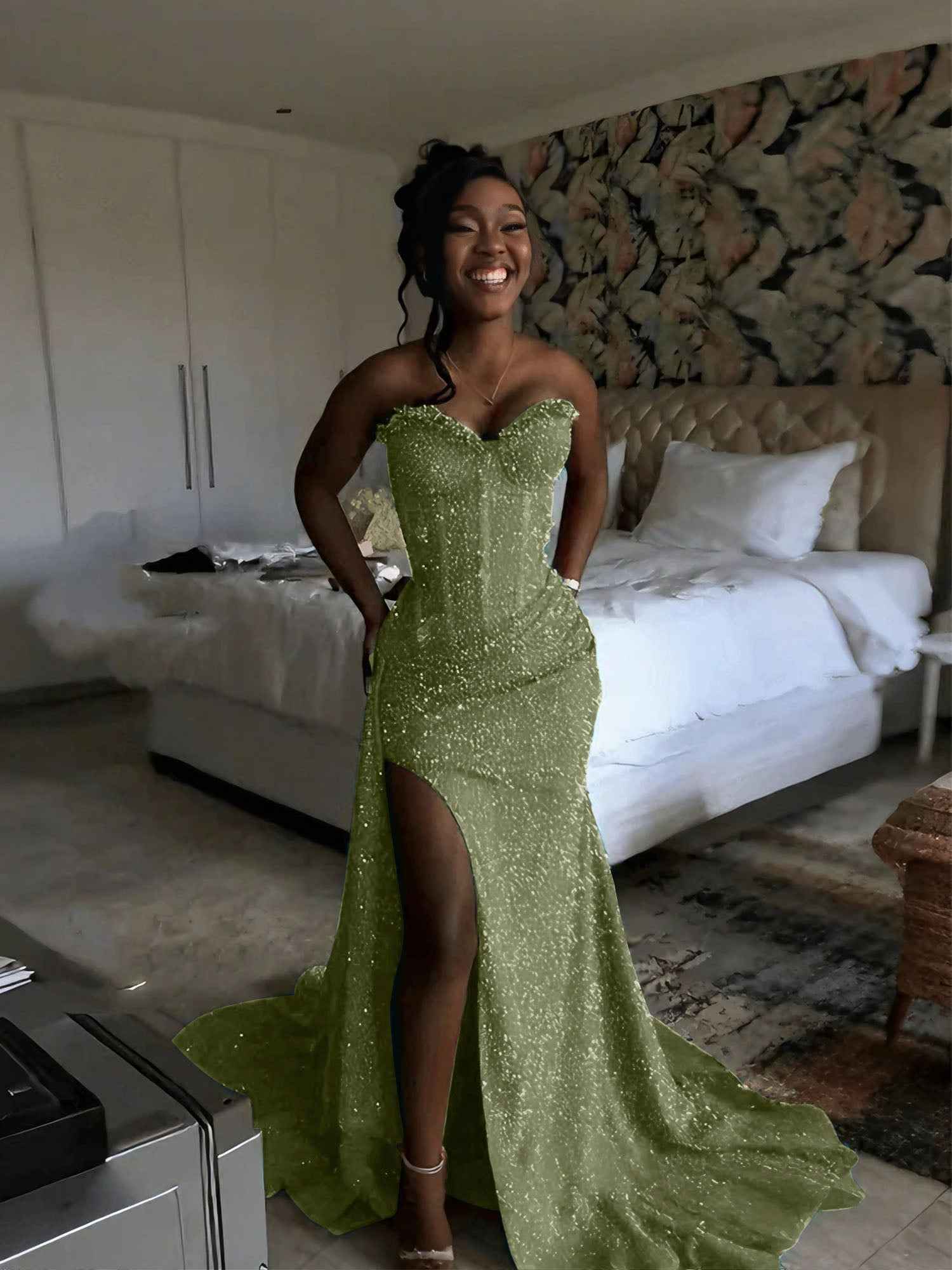 Glitter Strapless Mermaid Sequined Long Prom Dress with Slit-LLELLA