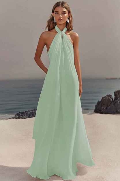 Flowy Sky Blue Chiffon A Line Halter Backless Long Prom Dress