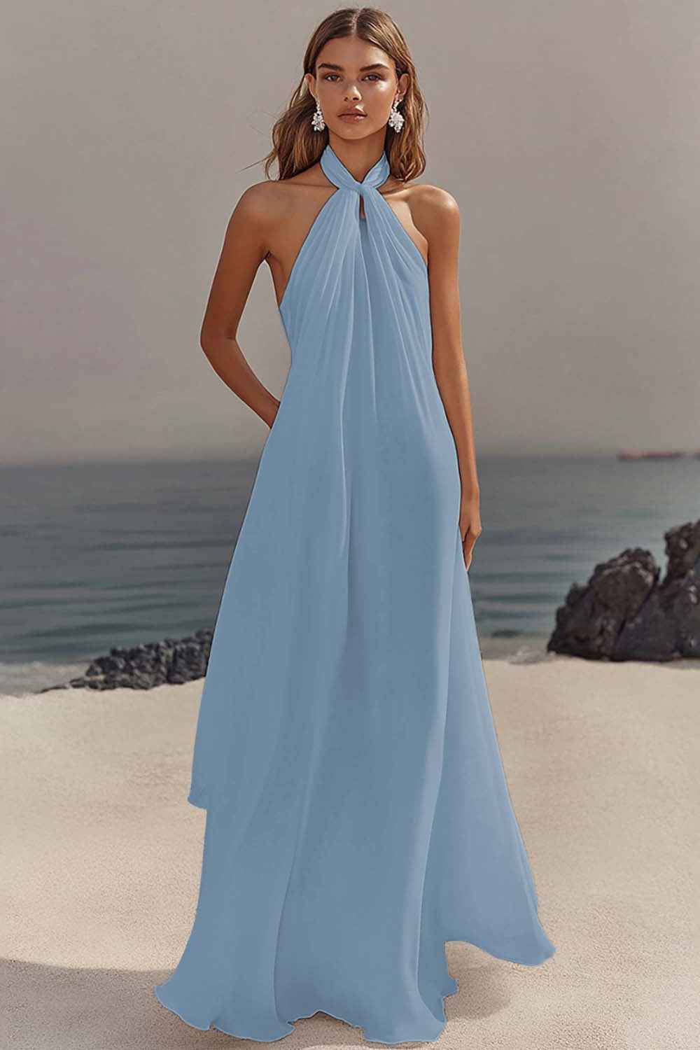 Flowy Sky Blue Chiffon A Line Halter Backless Long Prom Dress-LLELLA