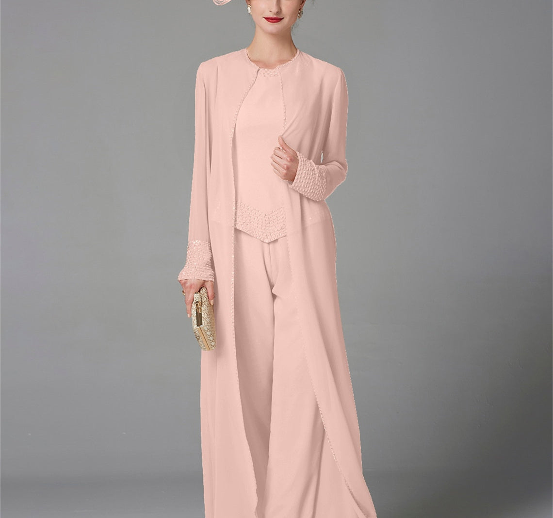 Long-Sleeve Chiffon Mother of the Bride Pantsuit with Jacket and Sequins-LLELLA