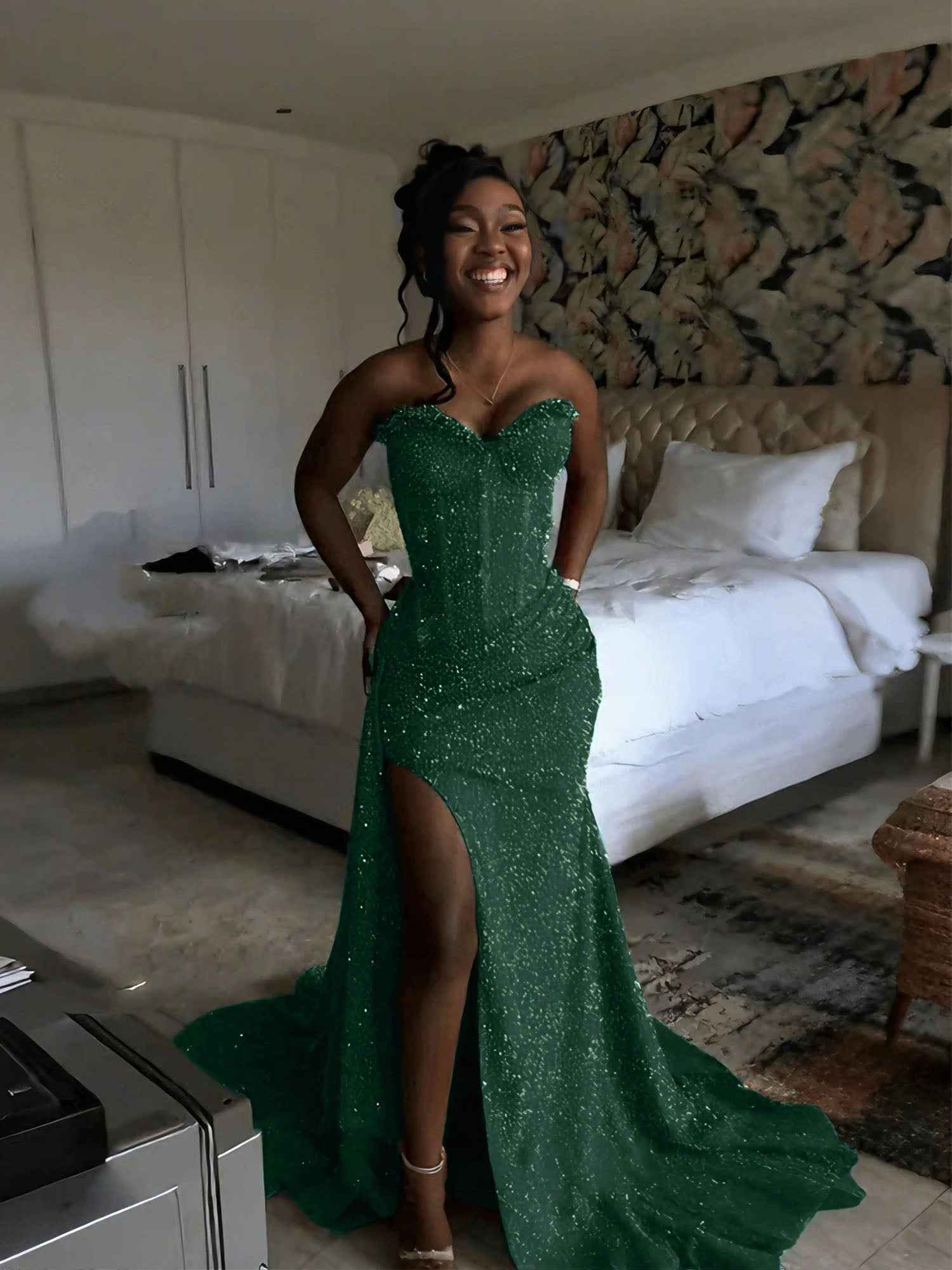 Glitter Strapless Mermaid Sequined Long Prom Dress with Slit