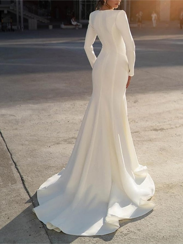 Mermaid/Trumpet V-Neck Long Sleeves Floor-Length Wedding Dresses with Beading Emerald Green