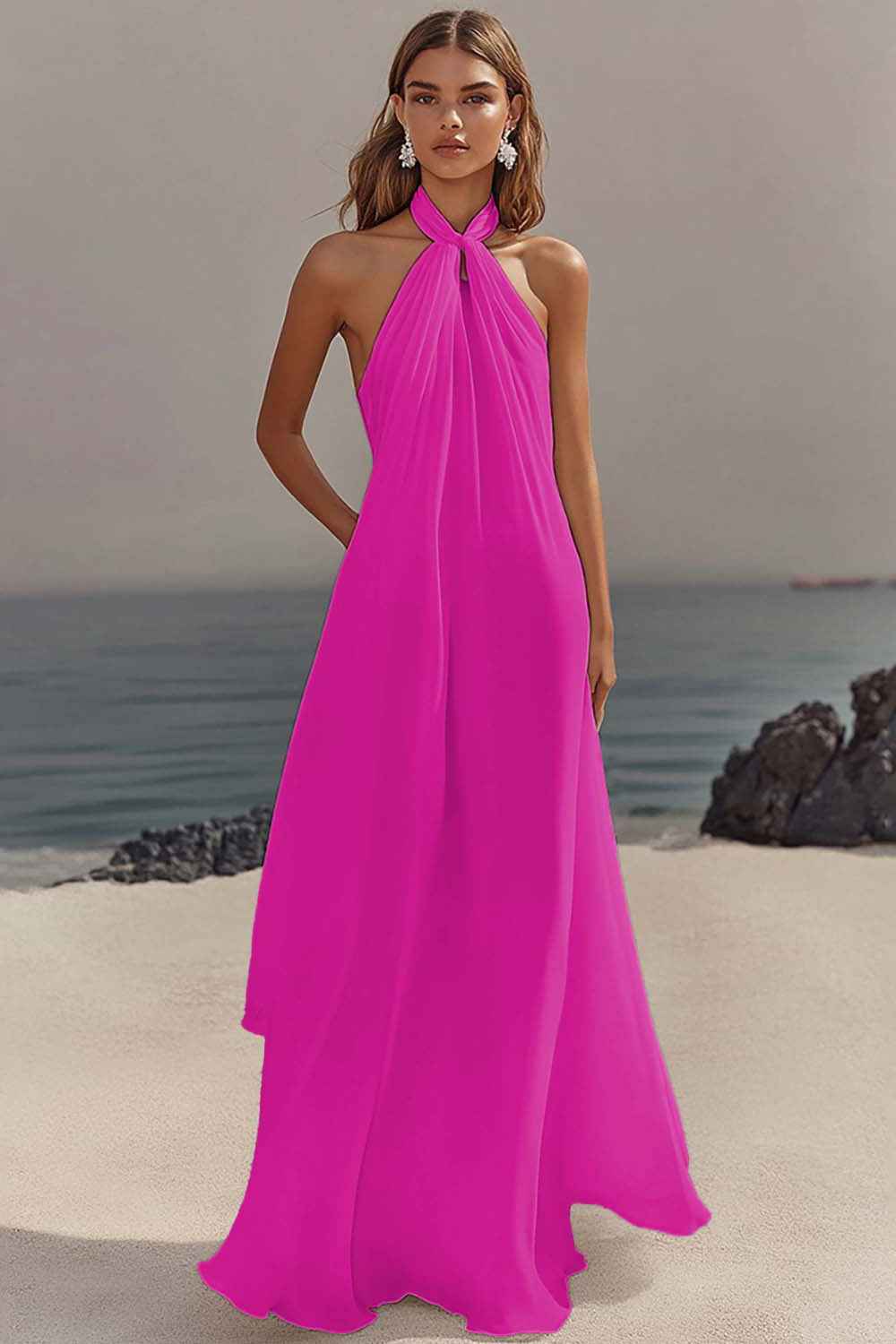 Flowy Sky Blue Chiffon A Line Halter Backless Long Prom Dress-LLELLA