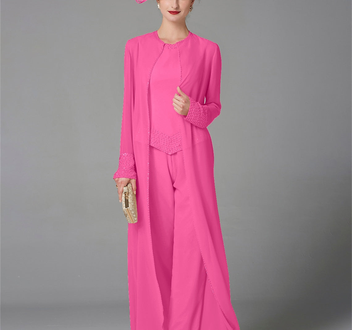 Long-Sleeve Chiffon Mother of the Bride Pantsuit with Jacket and Sequins-LLELLA