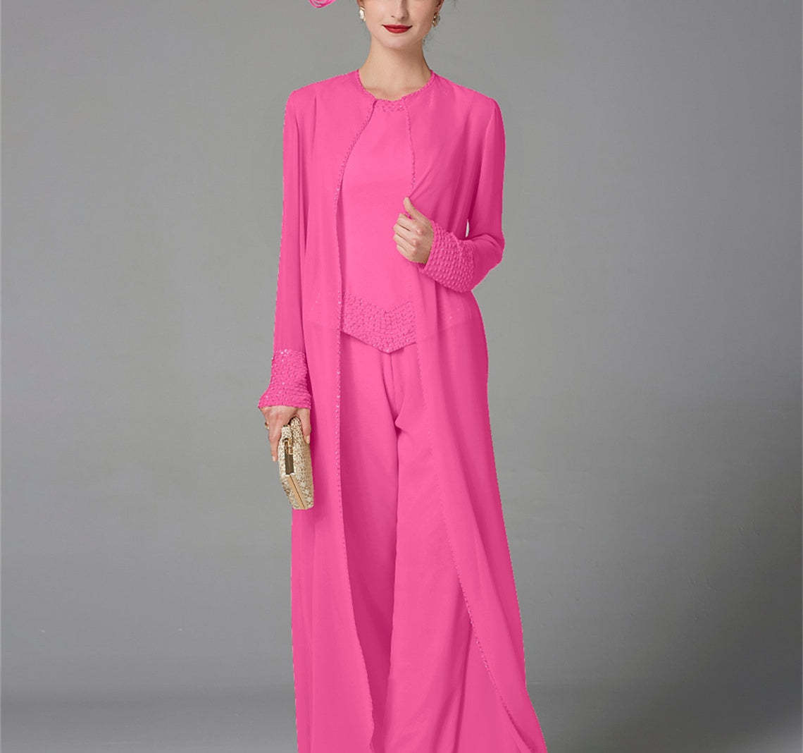 Long-Sleeve Chiffon Mother of the Bride Pantsuit with Jacket and Sequins-LLELLA
