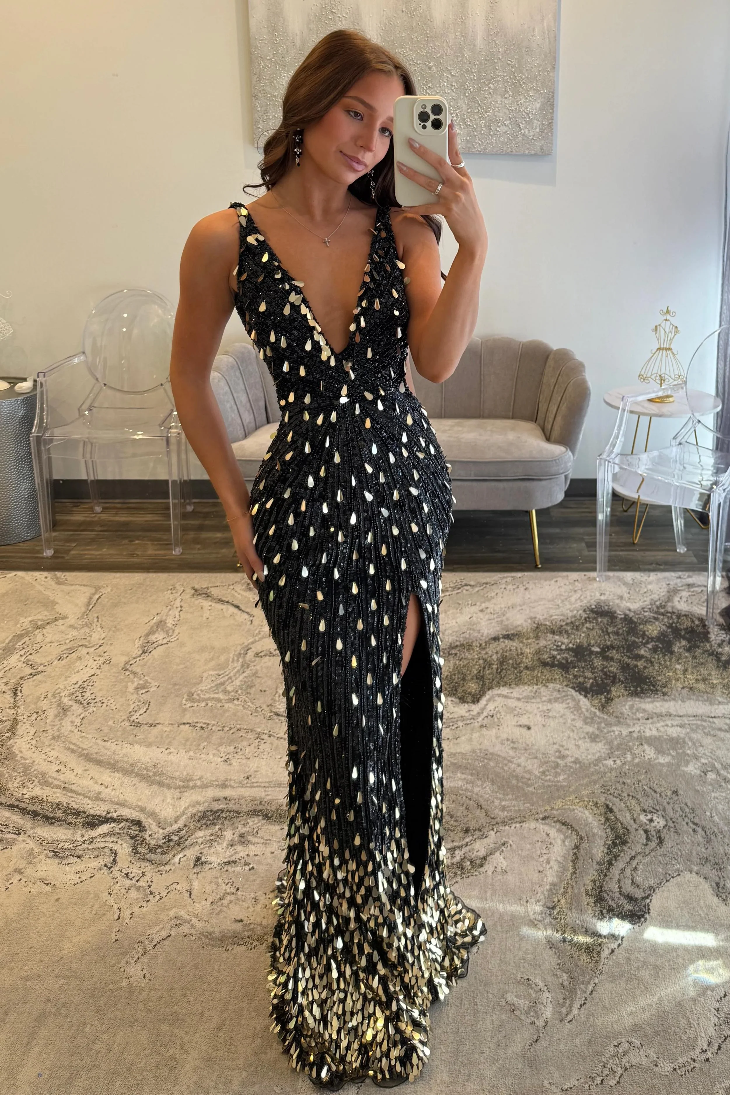Sparkly Gold Fully Beaded Prom Dress with Deep V Neck Slit and Open Back-LLELLA