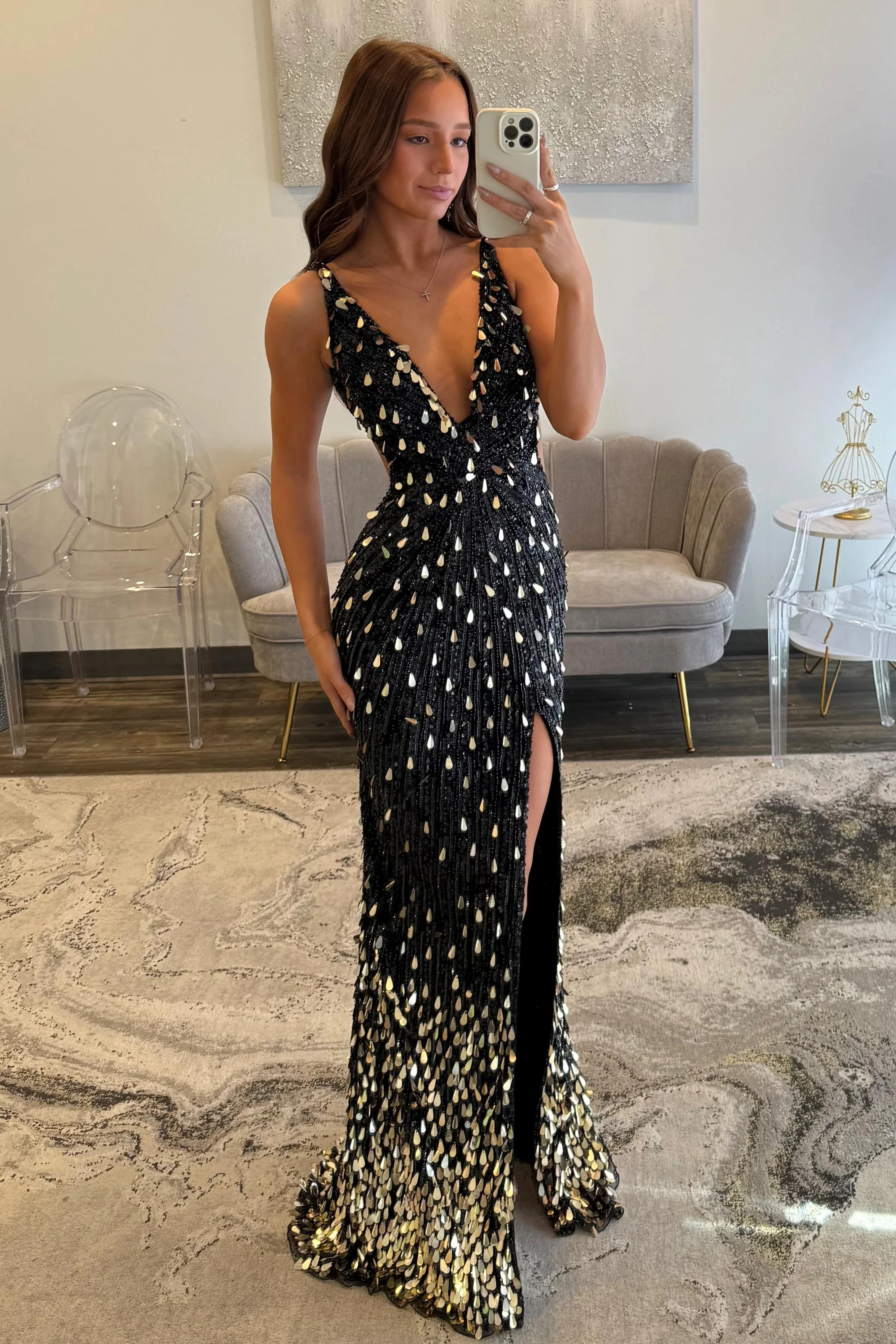 Sparkly Gold Fully Beaded Prom Dress with Deep V Neck Slit and Open Back-LLELLA