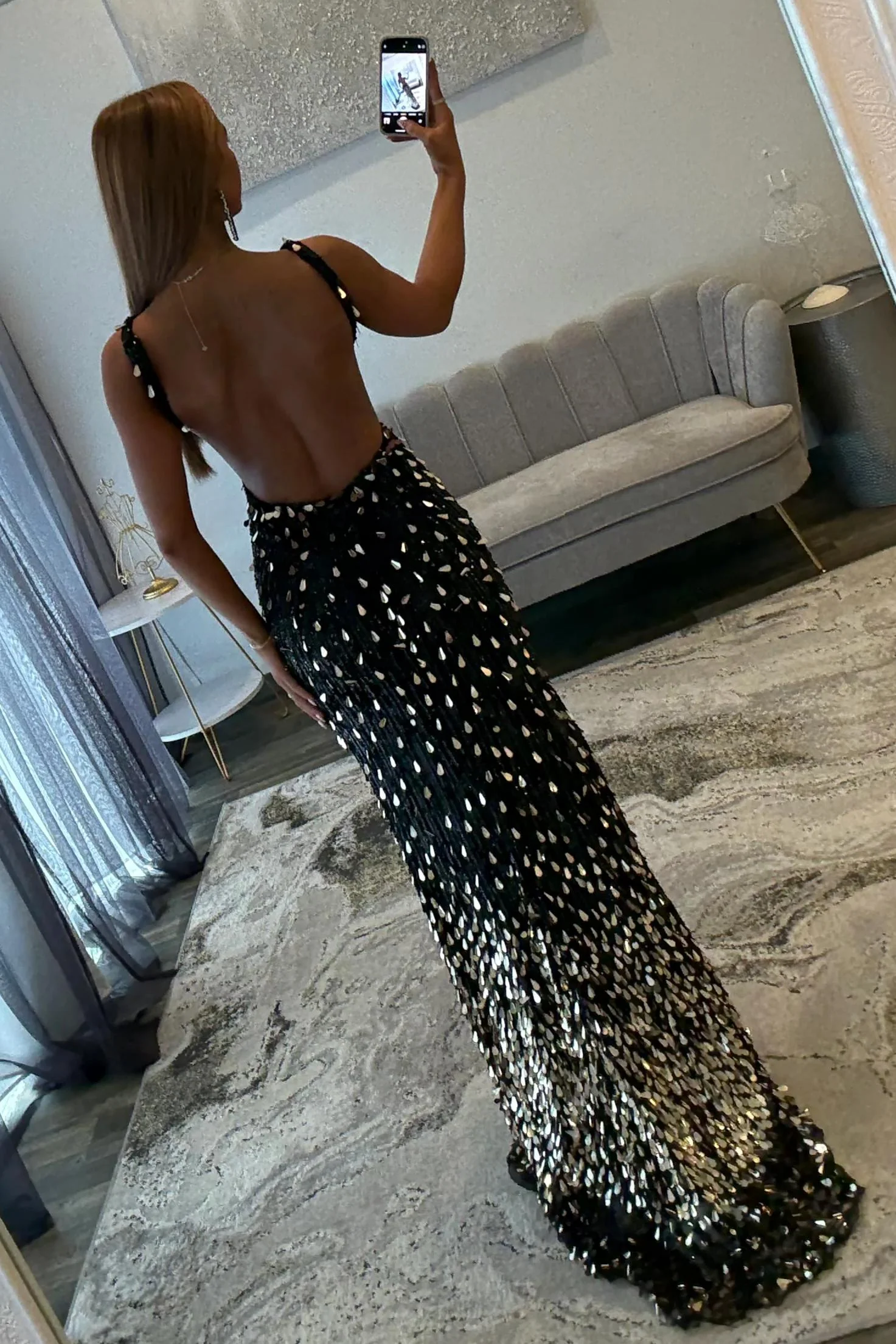 Sparkly Gold Fully Beaded Prom Dress with Deep V Neck Slit and Open Back-LLELLA