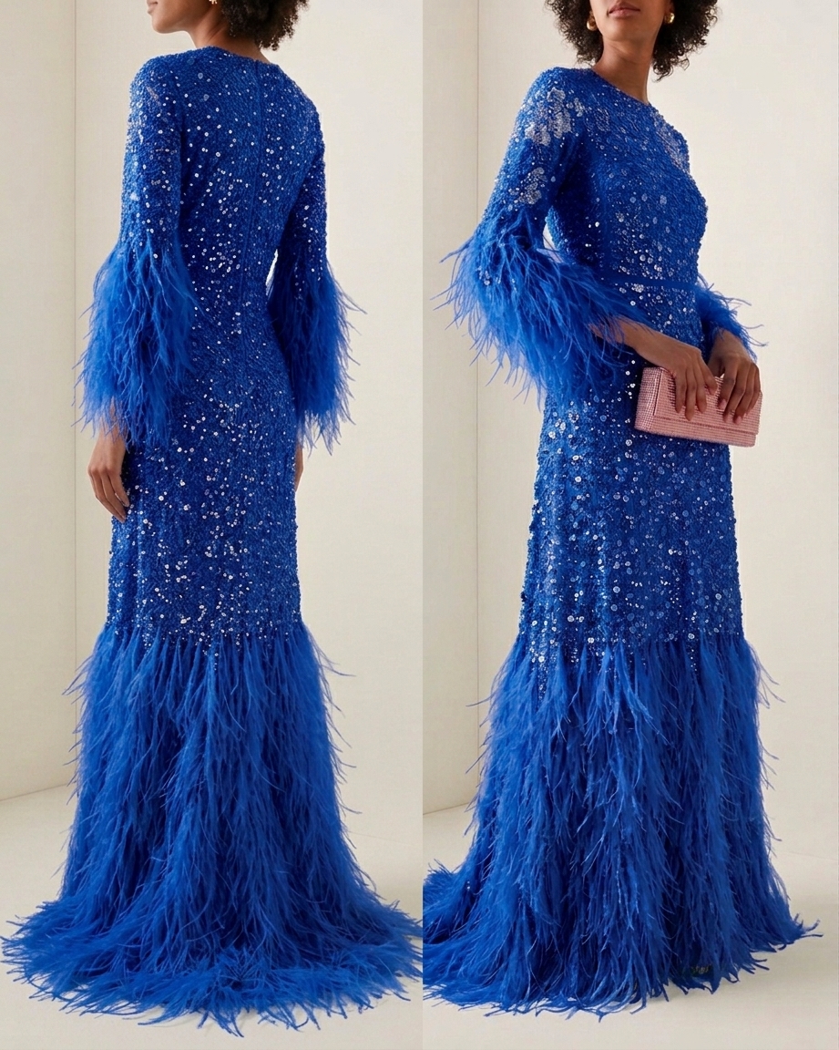 Powder Blue Feather Sequin Beaded Long Sleeve Maxi Party Dress